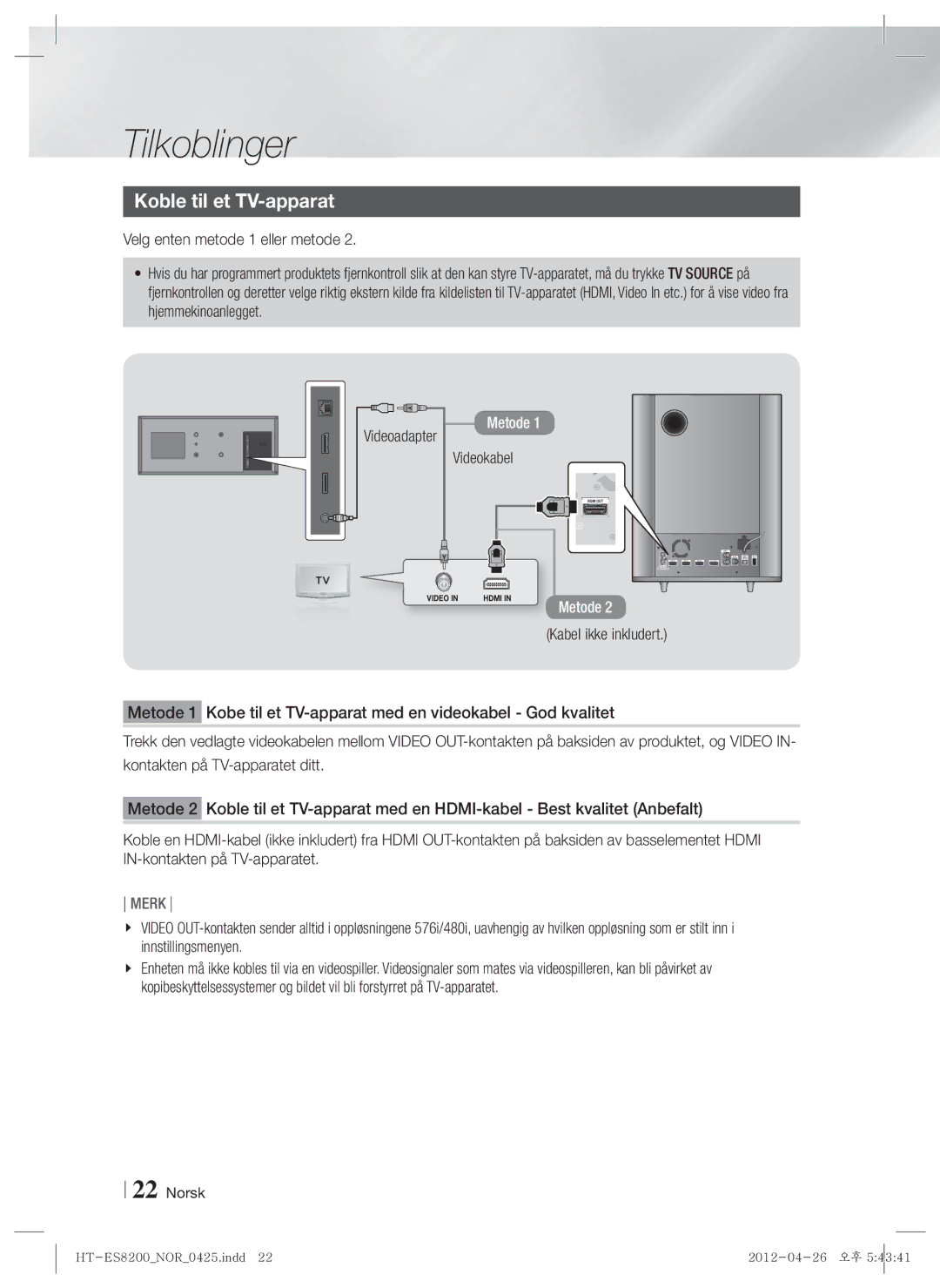 Samsung HT-ES8200/XE manual Koble til et TV-apparat, Videoadapter Videokabel 