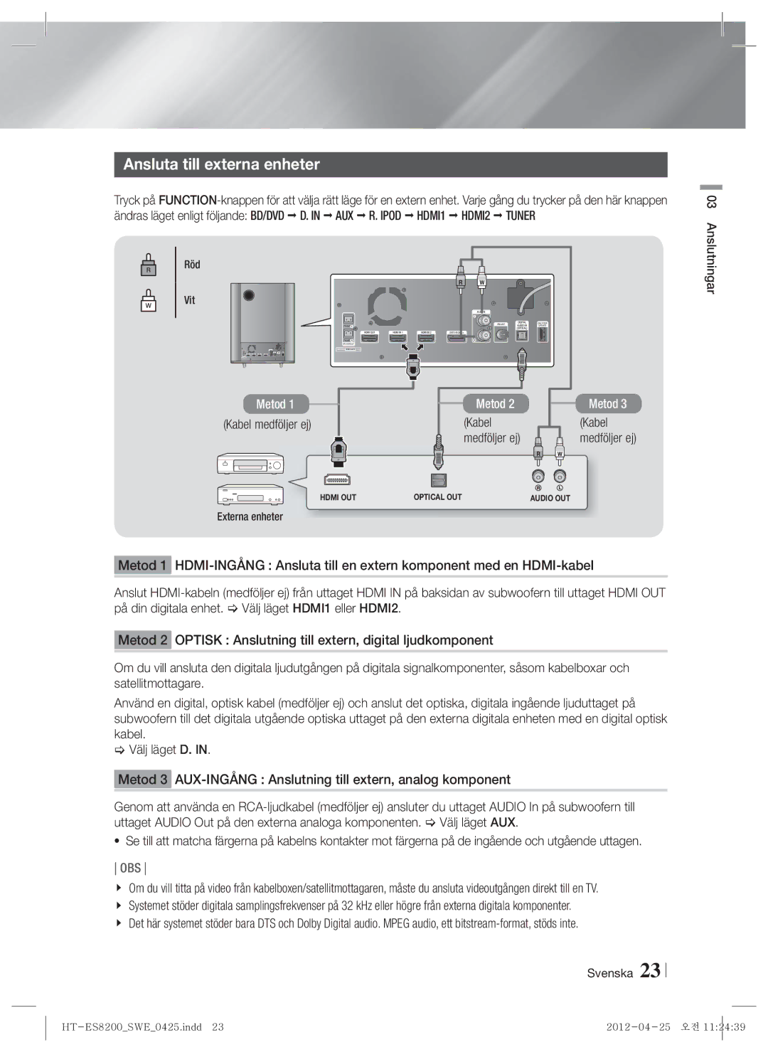 Samsung HT-ES8200/XE manual Ansluta till externa enheter, Kabel medföljer ej, Röd Vit, Medföljer ej, Externa enheter 