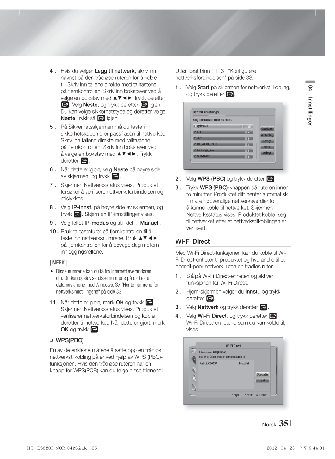 Samsung HT-ES8200/XE manual Wi-Fi Direct, Velg WPS PBC og trykk deretter E 