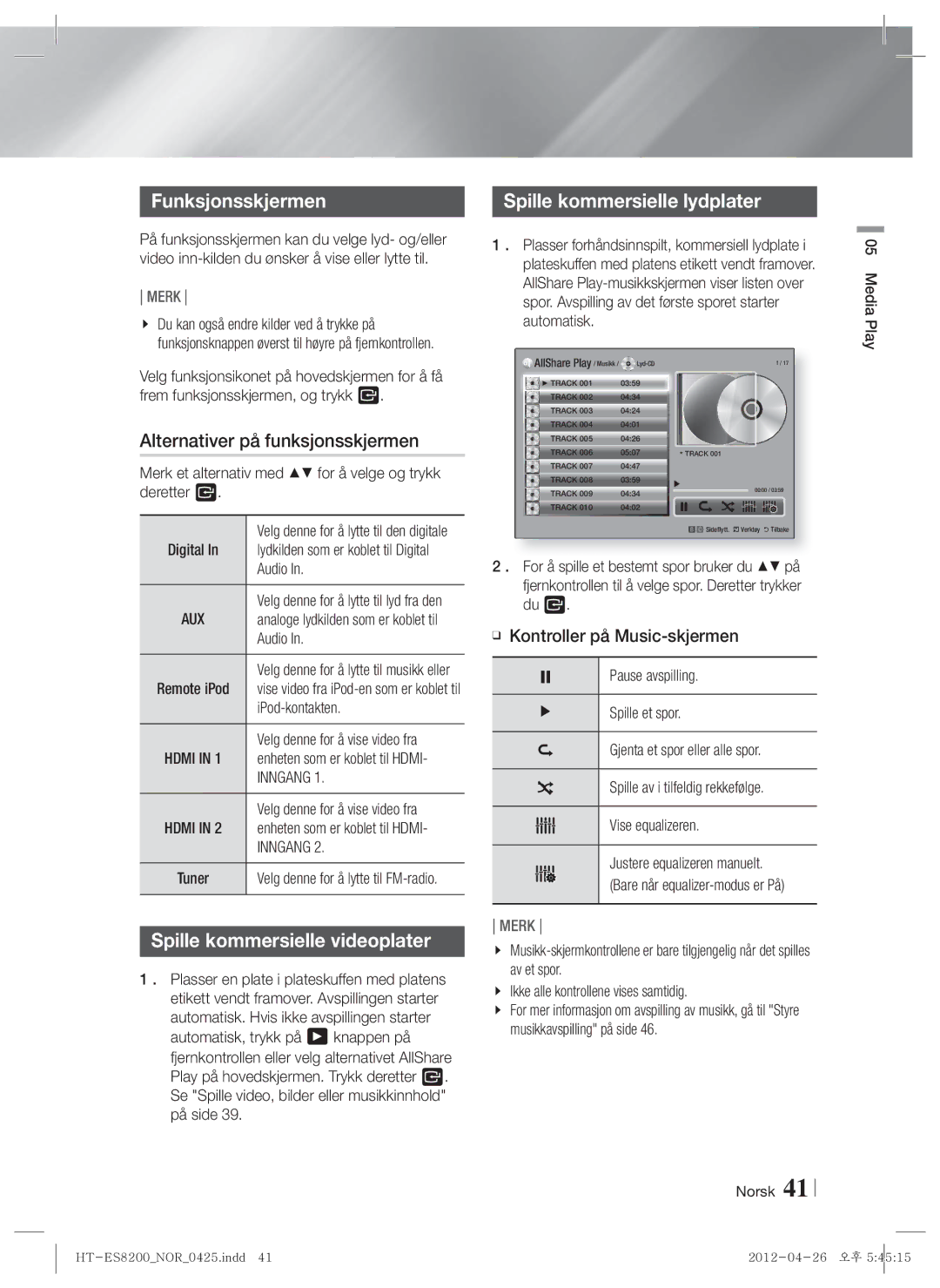 Samsung HT-ES8200/XE manual Funksjonsskjermen, Alternativer på funksjonsskjermen, Spille kommersielle videoplater 