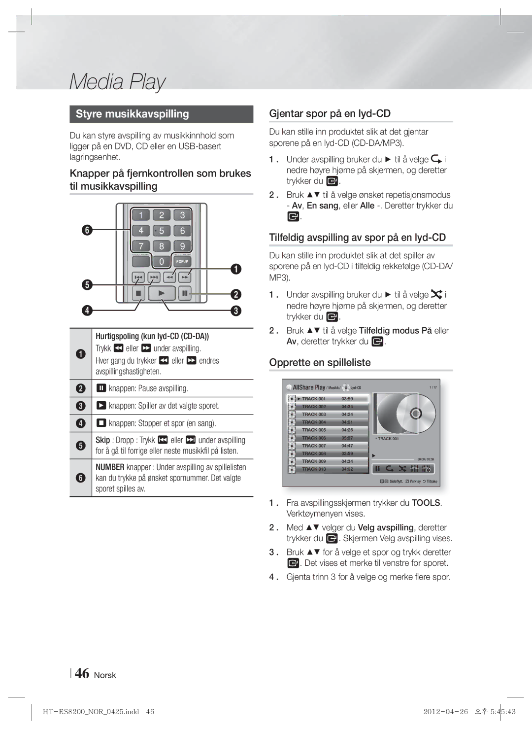 Samsung HT-ES8200/XE manual Styre musikkavspilling, Knapper på fjernkontrollen som brukes til musikkavspilling 