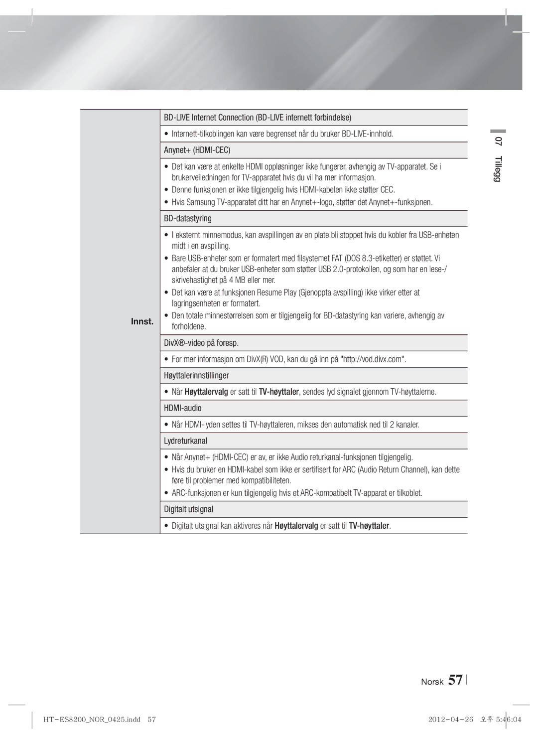 Samsung HT-ES8200/XE manual BD-LIVE Internet Connection BD-LIVE internett forbindelse, BD-datastyring, Midt i en avspilling 