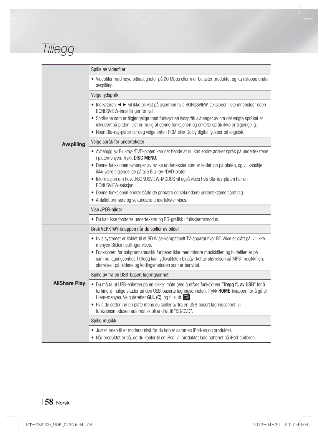 Samsung HT-ES8200/XE manual Avspilling 