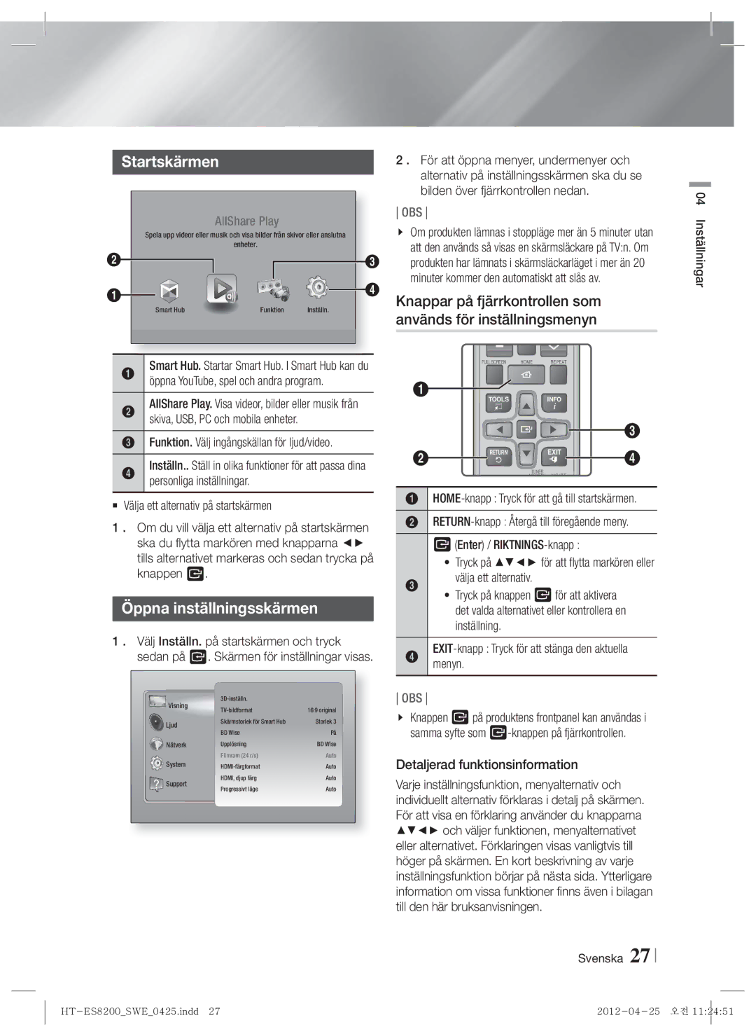 Samsung HT-ES8200/XE manual Startskärmen, Knappar på fjärrkontrollen som, Används för inställningsmenyn 