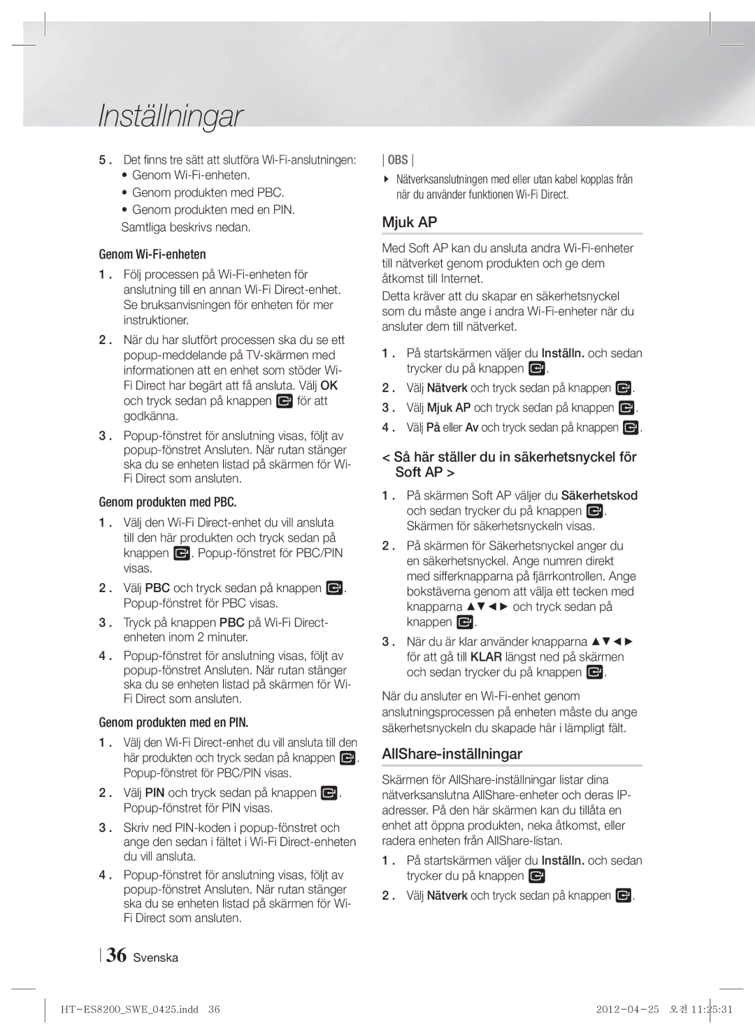 Samsung HT-ES8200/XE manual Mjuk AP, AllShare-inställningar, Så här ställer du in säkerhetsnyckel för Soft AP 