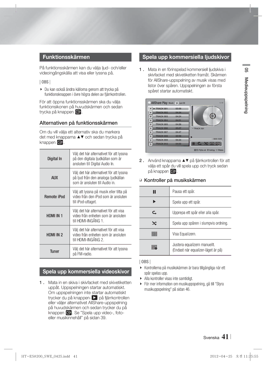 Samsung HT-ES8200/XE manual Funktionsskärmen, Alternativen på funktionsskärmen, Spela upp kommersiella ljudskivor 