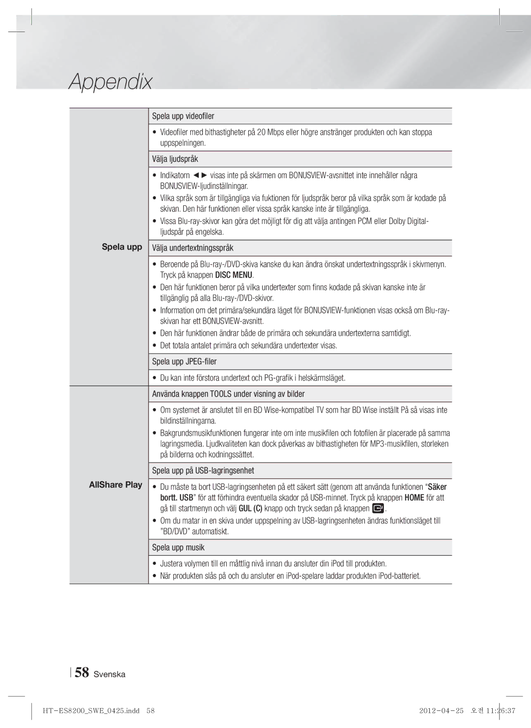 Samsung HT-ES8200/XE manual Spela upp på USB-lagringsenhet 