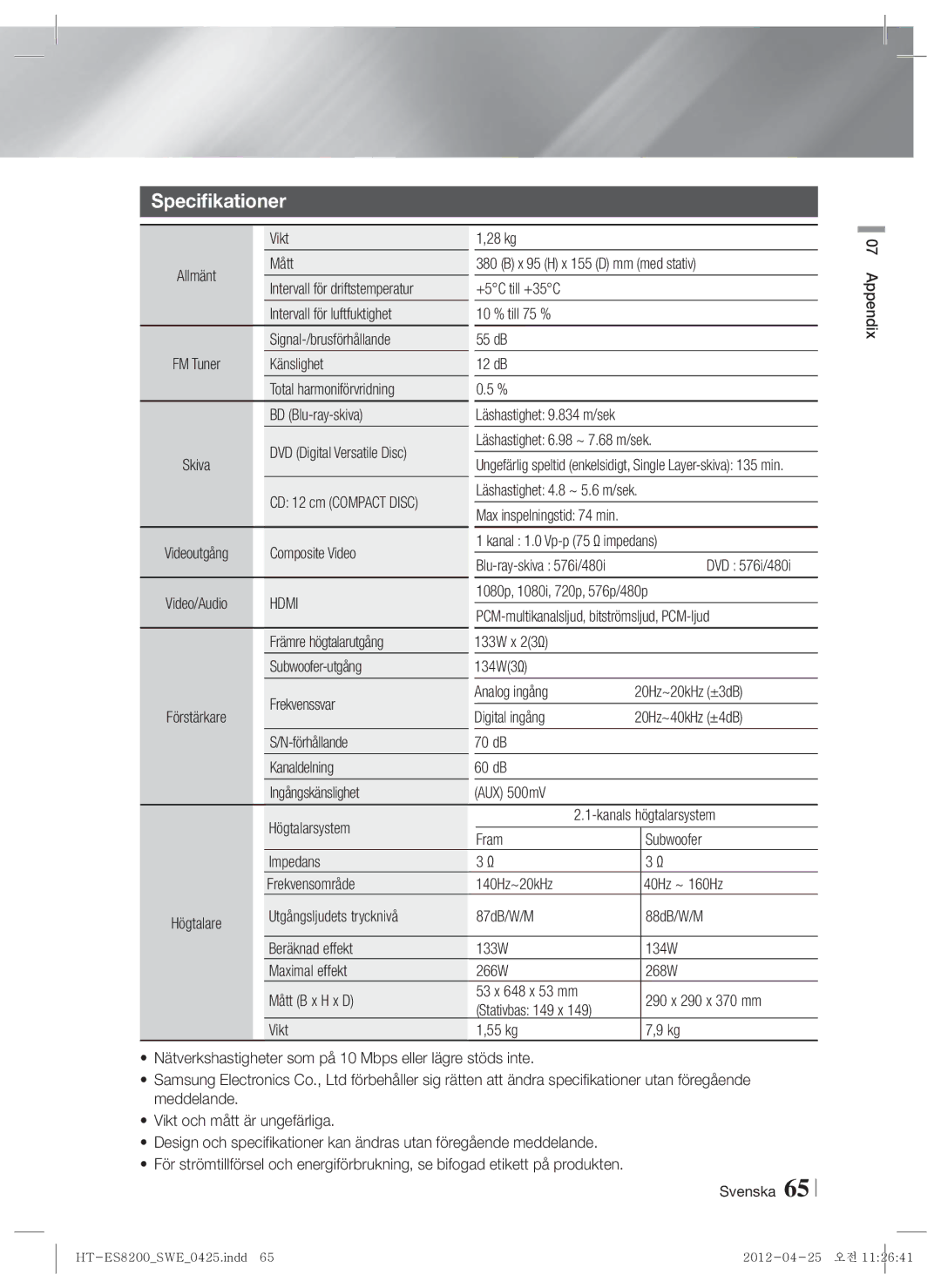 Samsung HT-ES8200/XE manual Specifikationer 