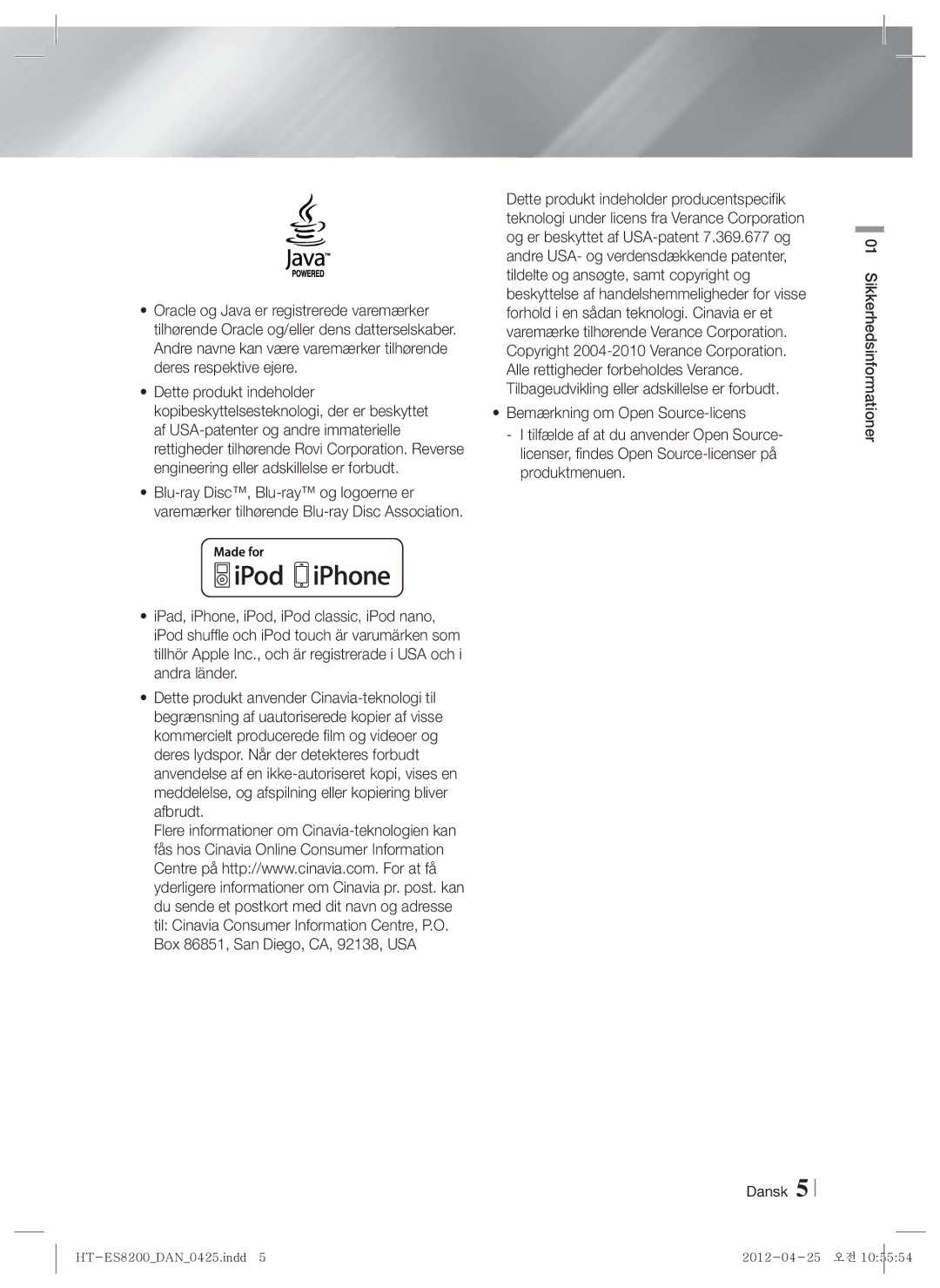 Samsung HT-ES8200/XE manual Sikkerhedsinformationer Dansk 