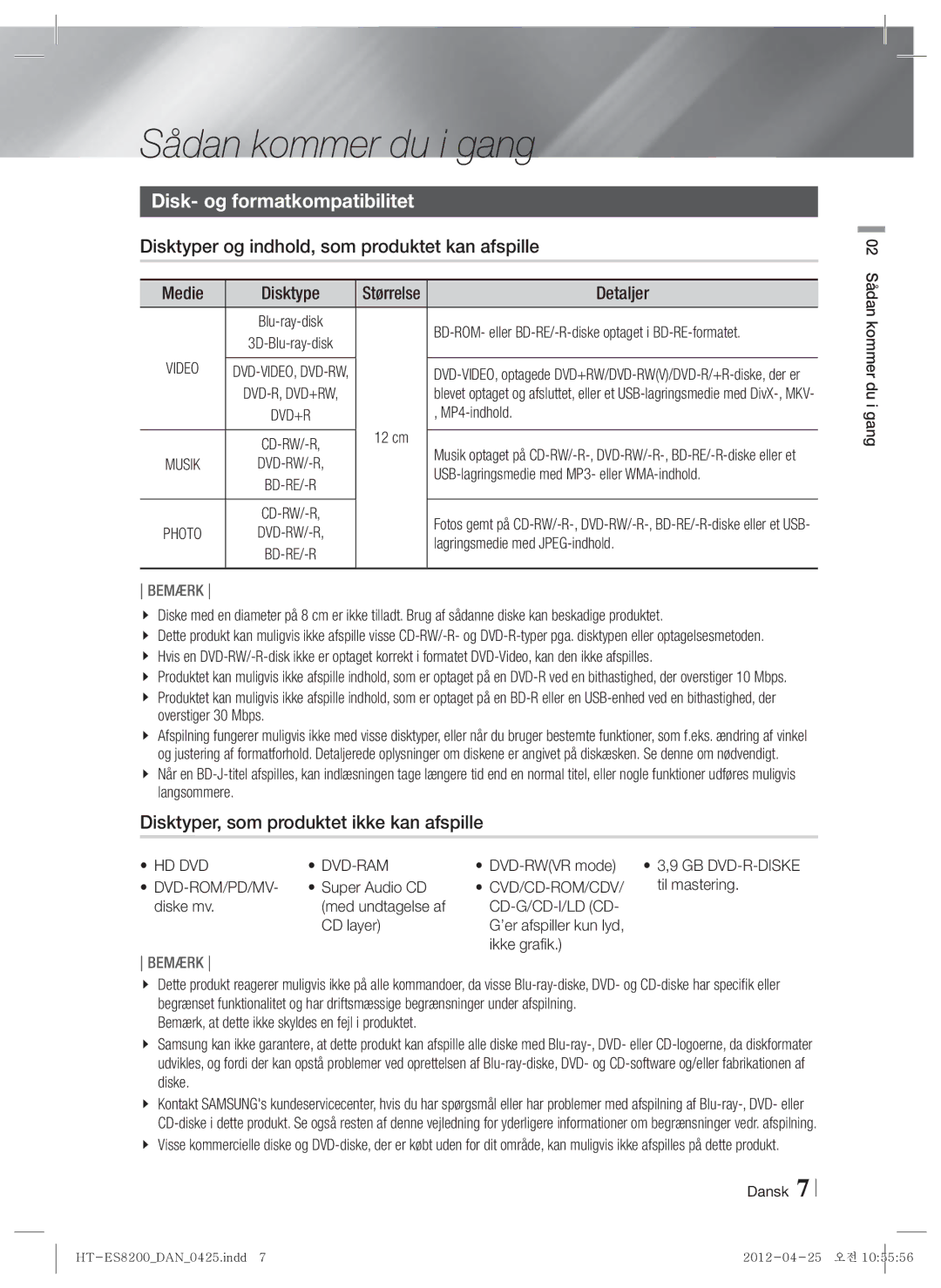 Samsung HT-ES8200/XE Sådan kommer du i gang, Disk- og formatkompatibilitet, Disktyper, som produktet ikke kan afspille 