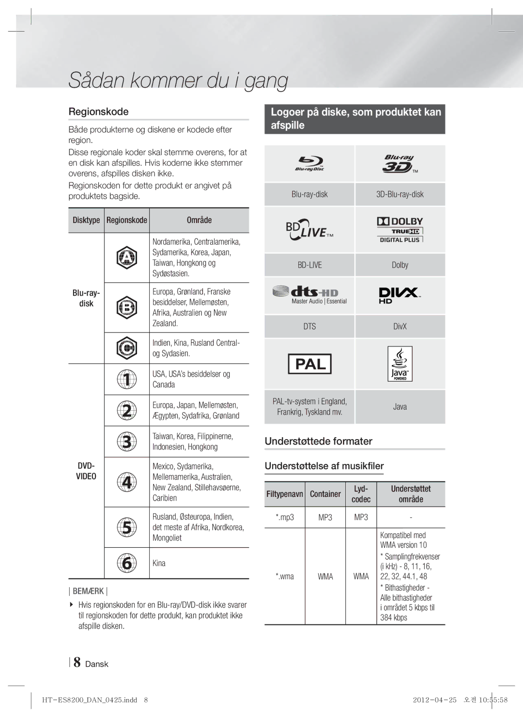 Samsung HT-ES8200/XE manual Regionskode, Logoer på diske, som produktet kan Afspille, Understøttede formater 