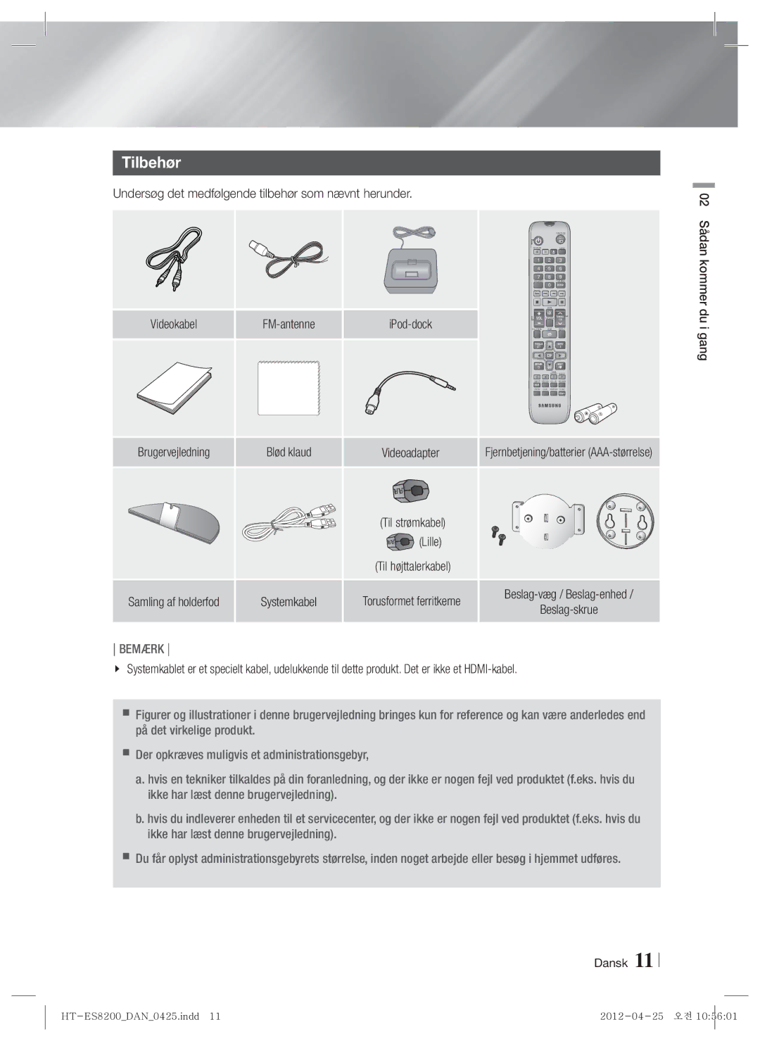 Samsung HT-ES8200/XE manual Tilbehør, Undersøg det medfølgende tilbehør som nævnt herunder, Lille, Dui 