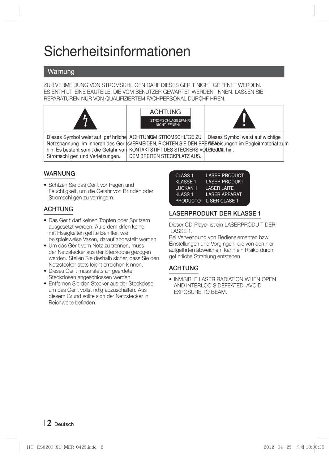 Samsung HT-ES8200/EN Sicherheitsinformationen, Warnung, Dieser CD-Player ist ein Laserprodukt DER Klasse, Produkt hin 