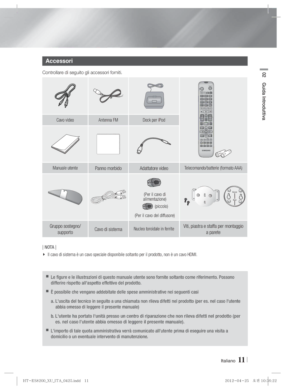 Samsung HT-ES8200/ZF, HT-ES8200/XN, HT-ES8200/EN manual Accessori, Controllare di seguito gli accessori forniti, Piccolo 