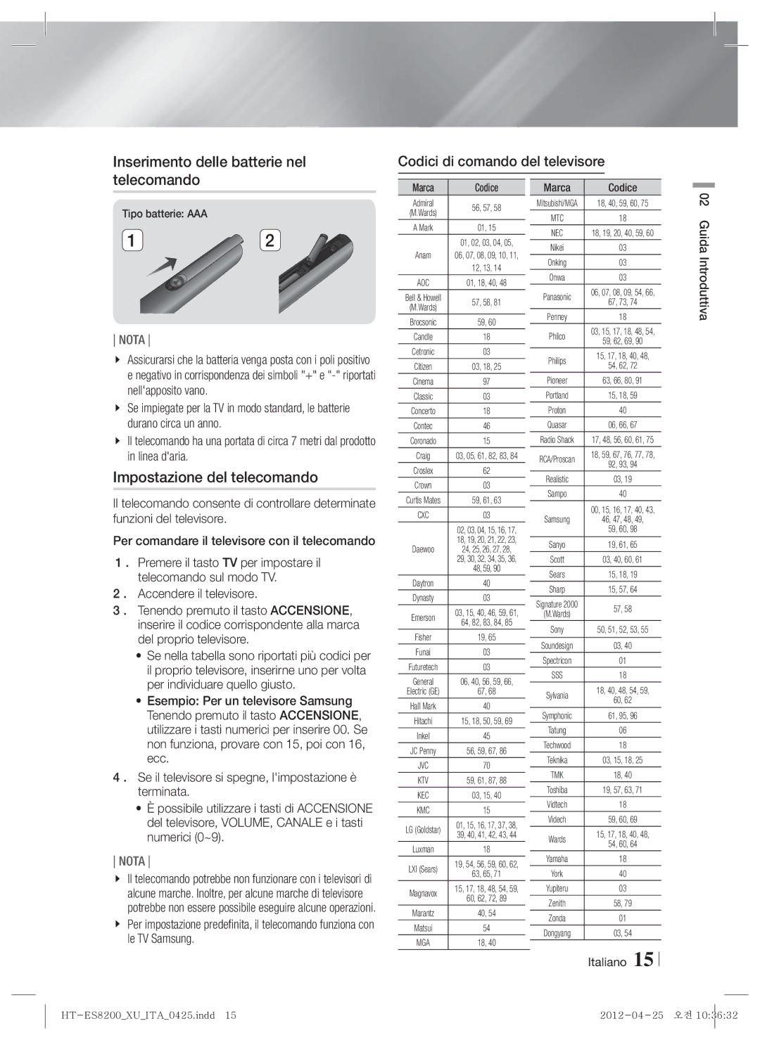 Samsung HT-ES8200/ZF, HT-ES8200/XN manual Inserimento delle batterie nel telecomando, Impostazione del telecomando, Codice 