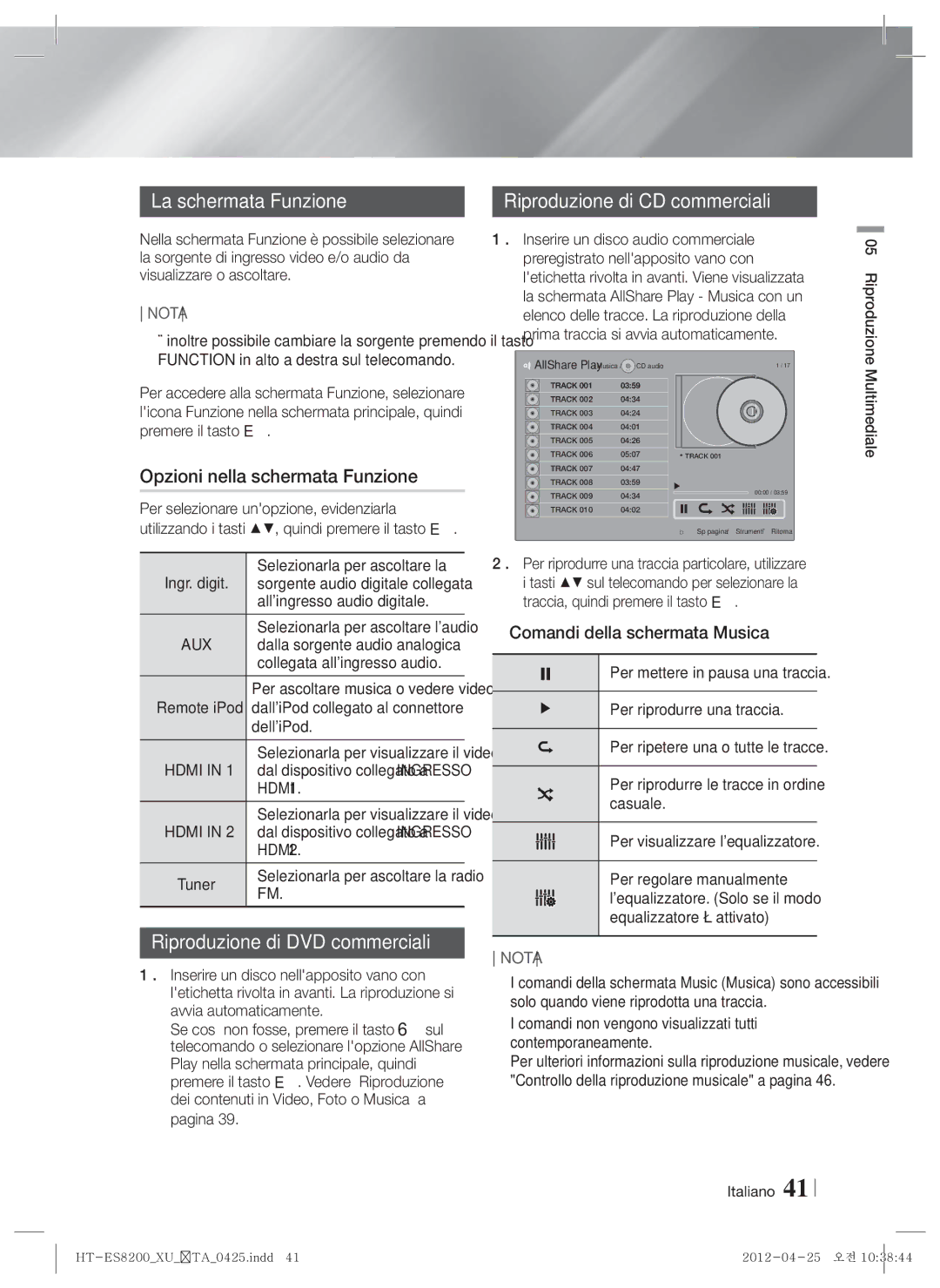 Samsung HT-ES8200/XE, HT-ES8200/XN La schermata Funzione, Opzioni nella schermata Funzione, Riproduzione di CD commerciali 