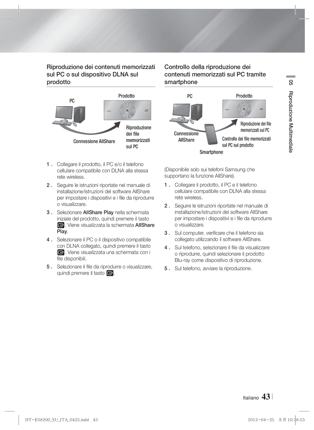 Samsung HT-ES8200/ZF, HT-ES8200/XN, HT-ES8200/EN, HT-ES8200/XE Sul PC sul prodotto, Sul telefono, avviare la riproduzione 