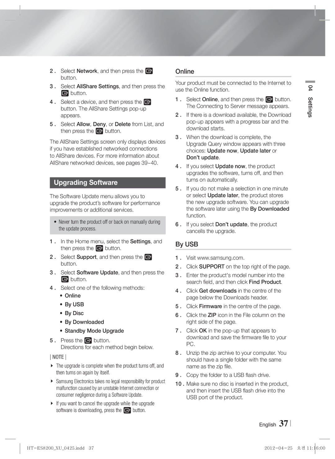 Samsung HT-ES8200/ZF, HT-ES8200/XN, HT-ES8200/EN manual Upgrading Software, Online, By USB, Click Support on the top right 