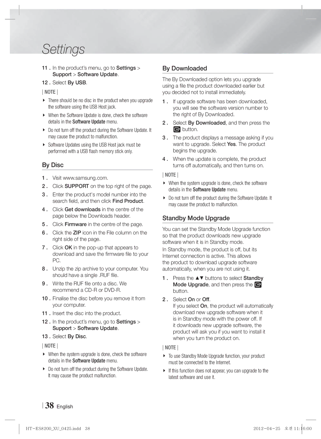 Samsung HT-ES8200/EN, HT-ES8200/XN, HT-ES8200/ZF, HT-ES8200/XE manual By Disc, By Downloaded, Standby Mode Upgrade 