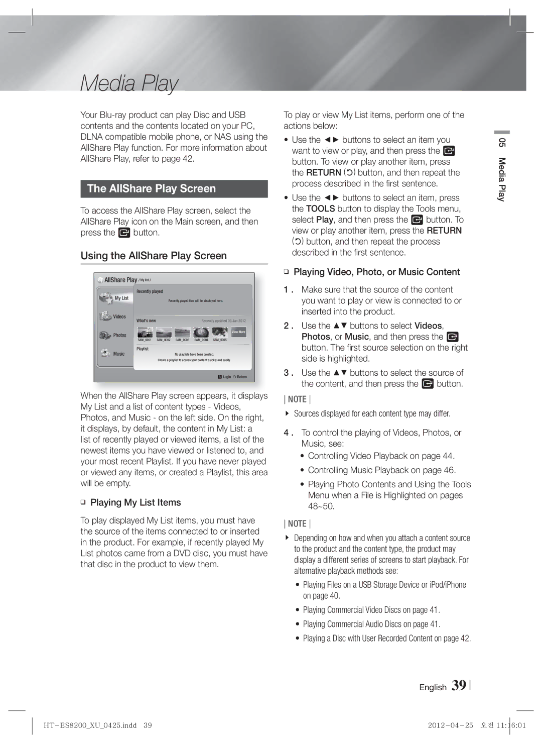 Samsung HT-ES8200/XE, HT-ES8200/XN, HT-ES8200/ZF manual Media Play, Using the AllShare Play Screen, Playing My List Items 