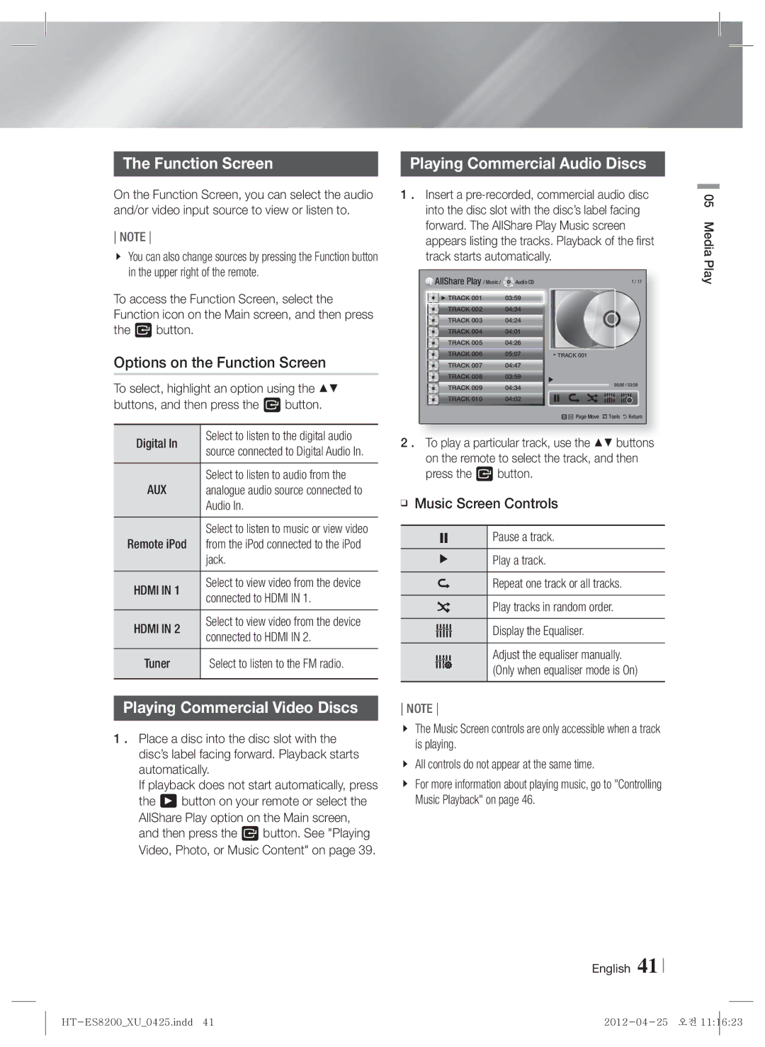 Samsung HT-ES8200/ZF Options on the Function Screen, Playing Commercial Audio Discs, Playing Commercial Video Discs 