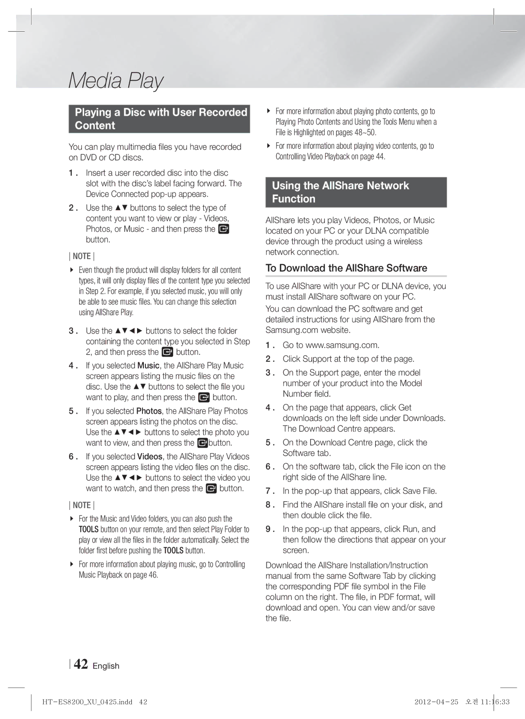 Samsung HT-ES8200/EN, HT-ES8200/XN manual Playing a Disc with User Recorded Content, Using the AllShare Network Function 