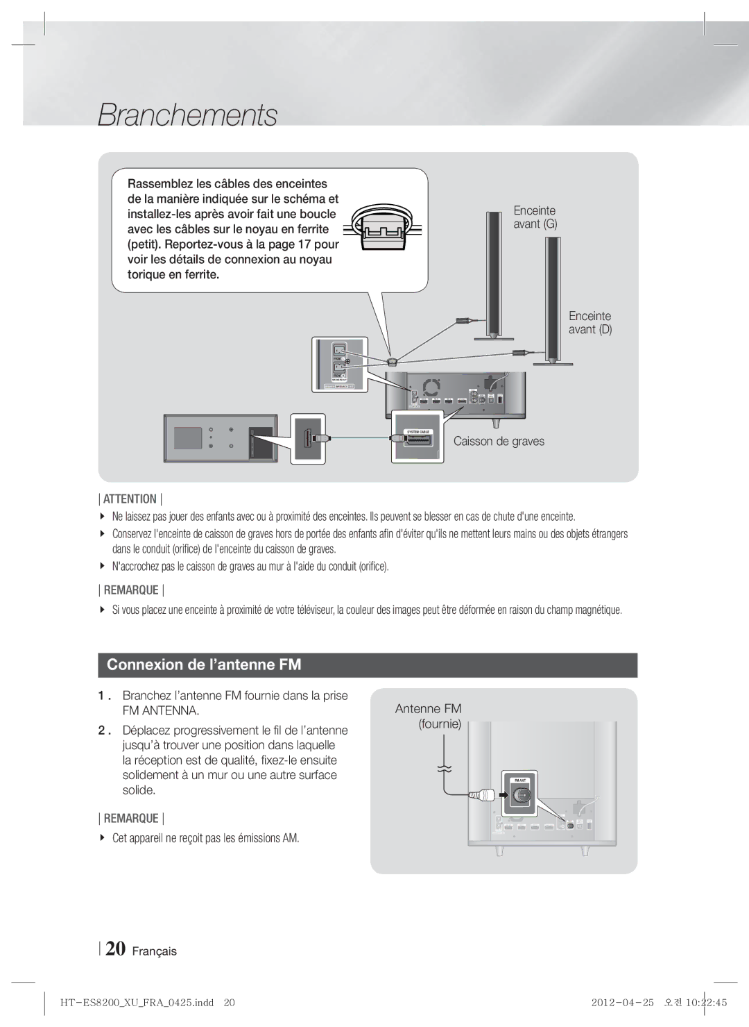 Samsung HT-ES8200/EN, HT-ES8200/XN, HT-ES8200/ZF, HT-ES8200/XE manual Connexion de l’antenne FM, FM Antenna 