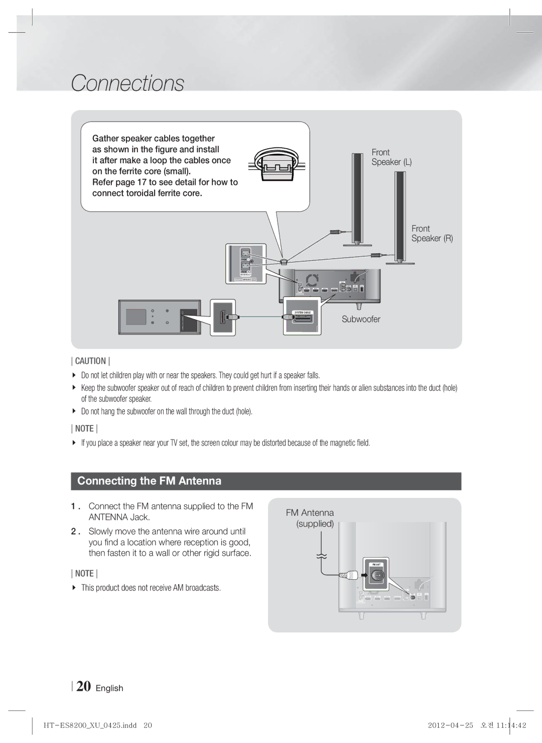 Samsung HT-ES8200/XN, HT-ES8200/ZF, HT-ES8200/EN, HT-ES8200/XE manual Connecting the FM Antenna, Front Speaker L Speaker R 