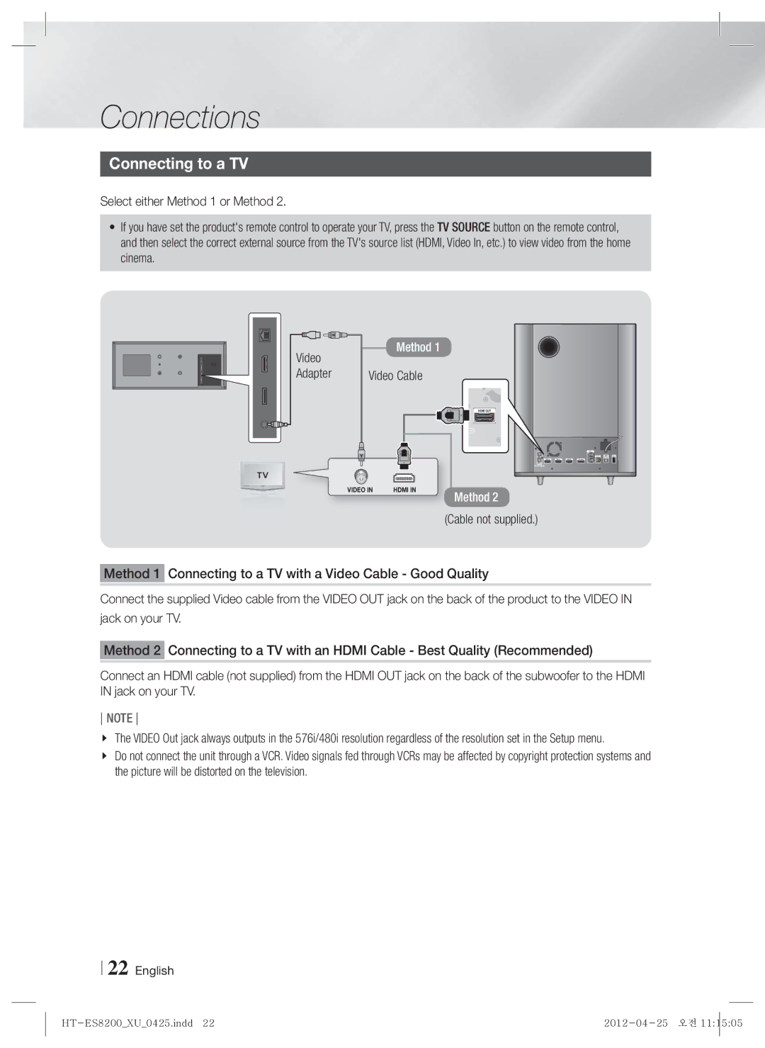 Samsung HT-ES8200/EN, HT-ES8200/XN, HT-ES8200/ZF, HT-ES8200/XE manual Connecting to a TV, Video Cable 