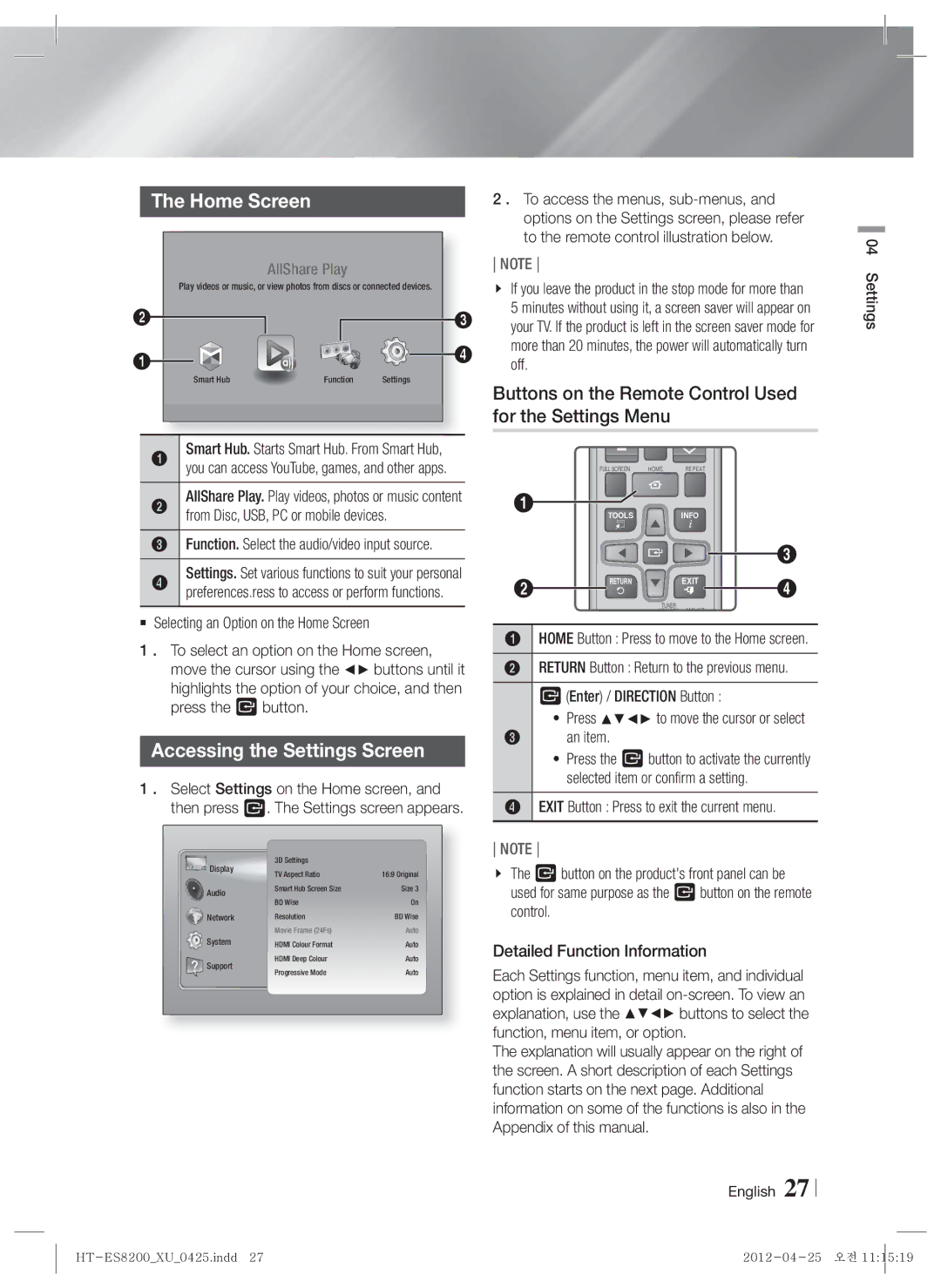 Samsung HT-ES8200/XE Home Screen, Accessing the Settings Screen, Buttons on the Remote Control Used for the Settings Menu 