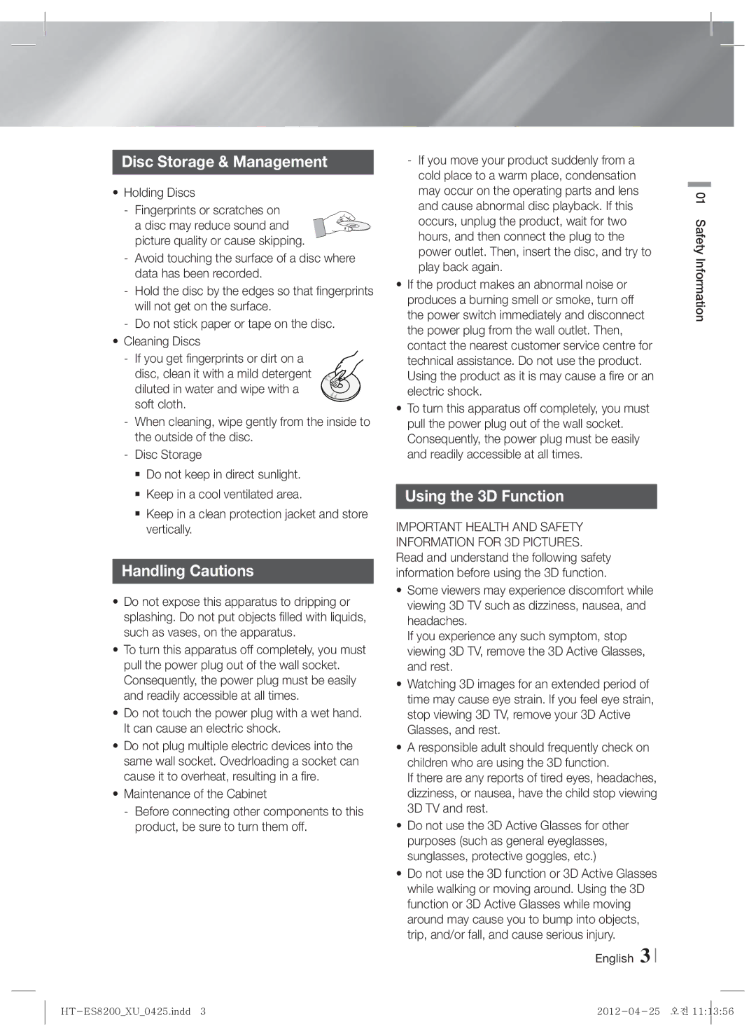 Samsung HT-ES8200/XE, HT-ES8200/XN manual Disc Storage & Management, Handling Cautions, Using the 3D Function, Holding Discs 