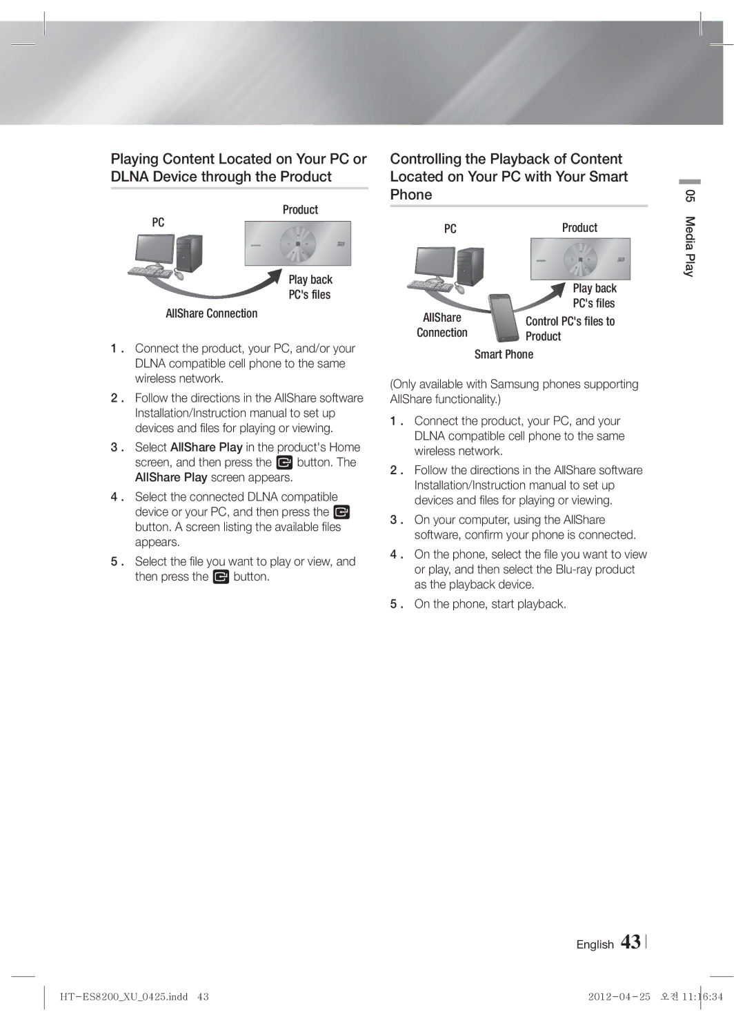 Samsung HT-ES8200/XE, HT-ES8200/XN, HT-ES8200/ZF, HT-ES8200/EN manual PCProduct Play back, Control PCs files to 