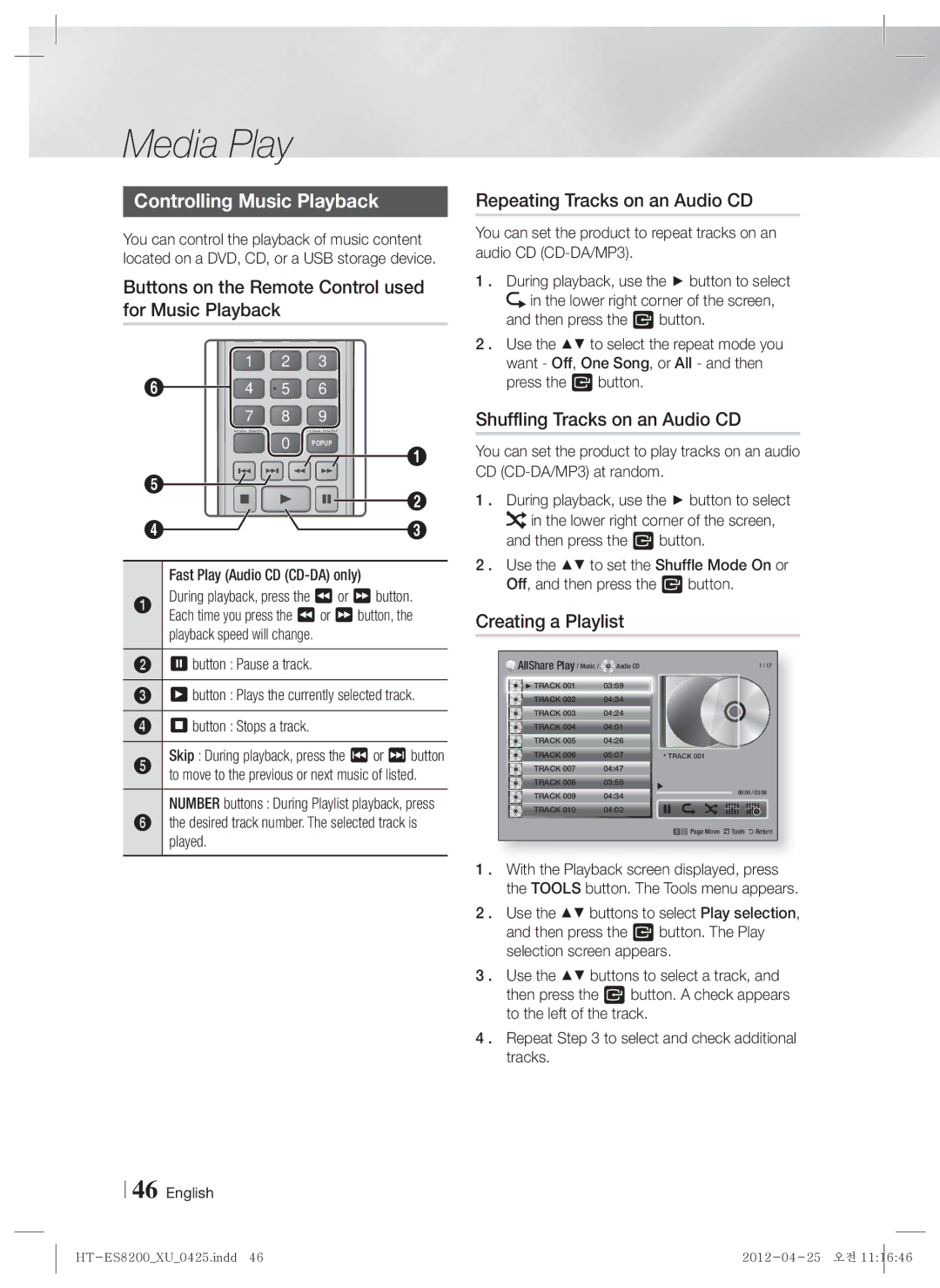 Samsung HT-ES8200/EN, HT-ES8200/XN manual Controlling Music Playback, Buttons on the Remote Control used for Music Playback 