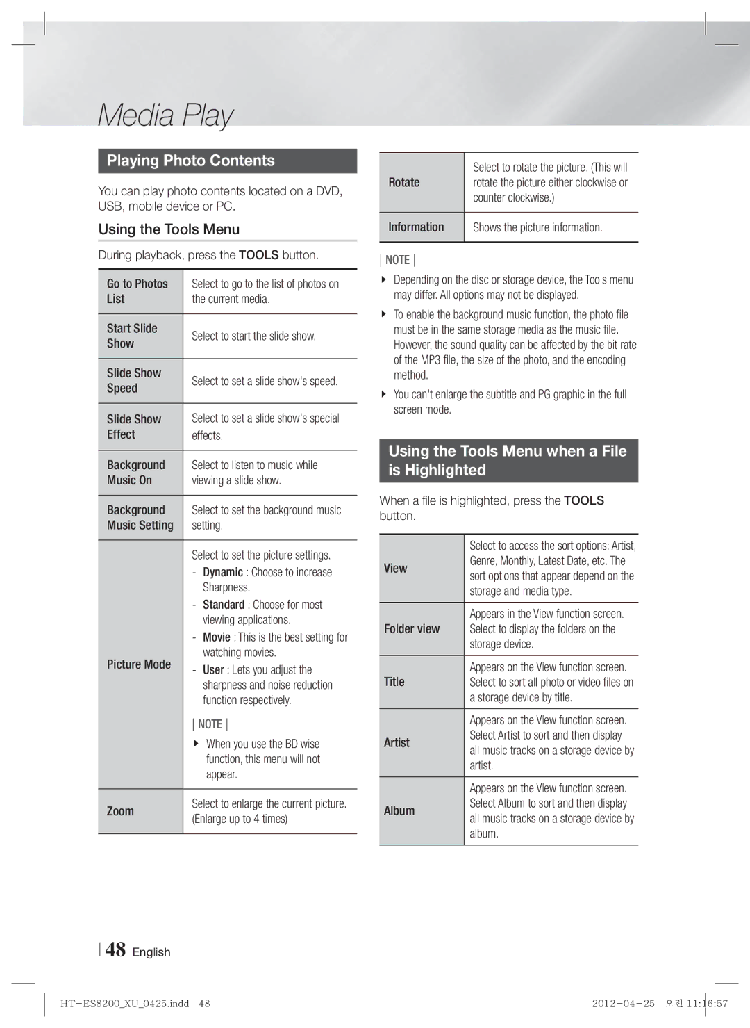 Samsung HT-ES8200/XN, HT-ES8200/ZF, HT-ES8200/EN Playing Photo Contents, Using the Tools Menu when a File Is Highlighted 