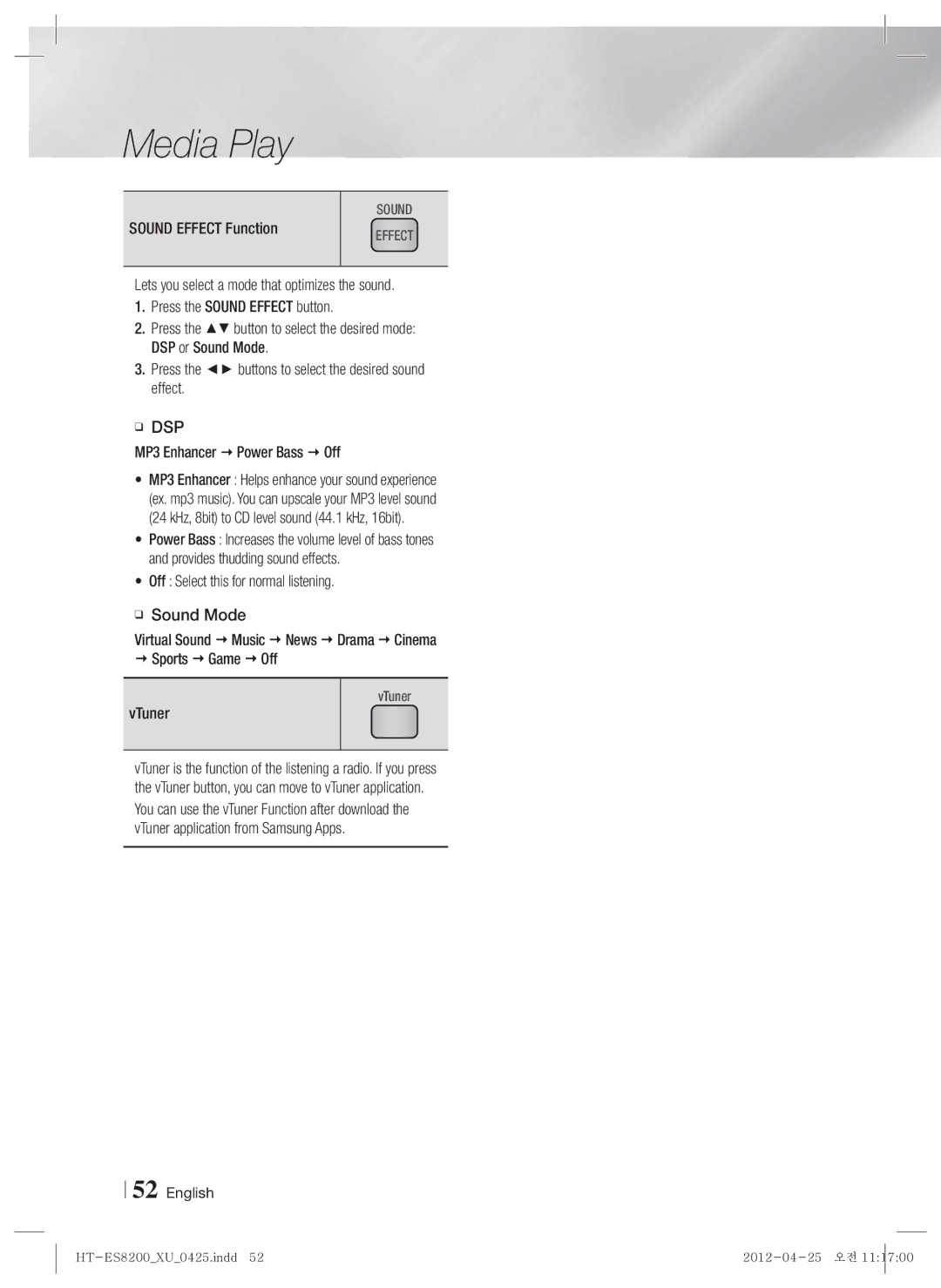 Samsung HT-ES8200/XN, HT-ES8200/ZF, HT-ES8200/EN, HT-ES8200/XE Sound Effect Function, Dsp, MP3 Enhancer  Power Bass  Off 