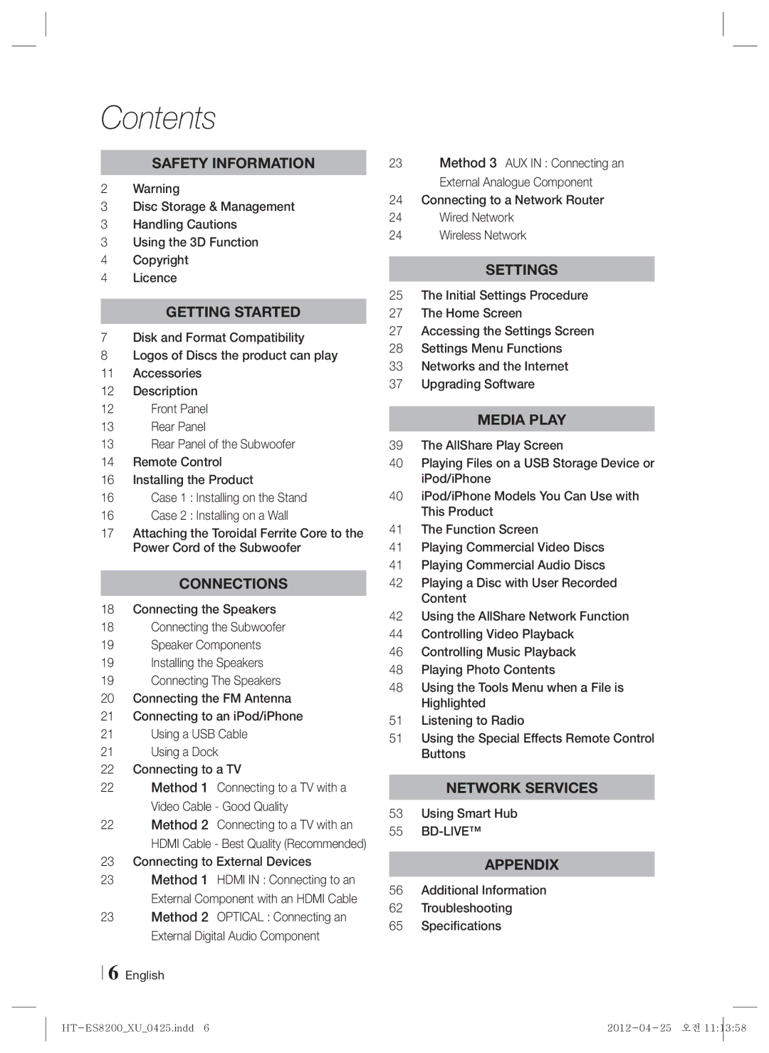 Samsung HT-ES8200/EN, HT-ES8200/XN, HT-ES8200/ZF, HT-ES8200/XE manual Contents 