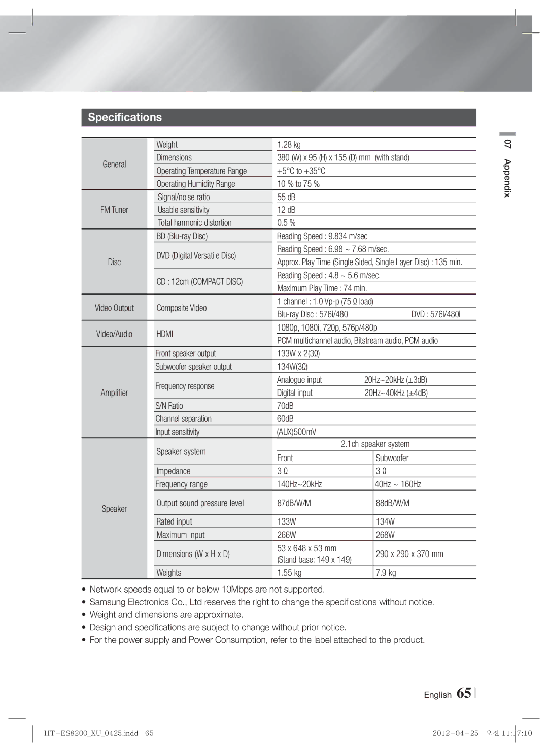 Samsung HT-ES8200/ZF, HT-ES8200/XN, HT-ES8200/EN, HT-ES8200/XE manual Specifications 