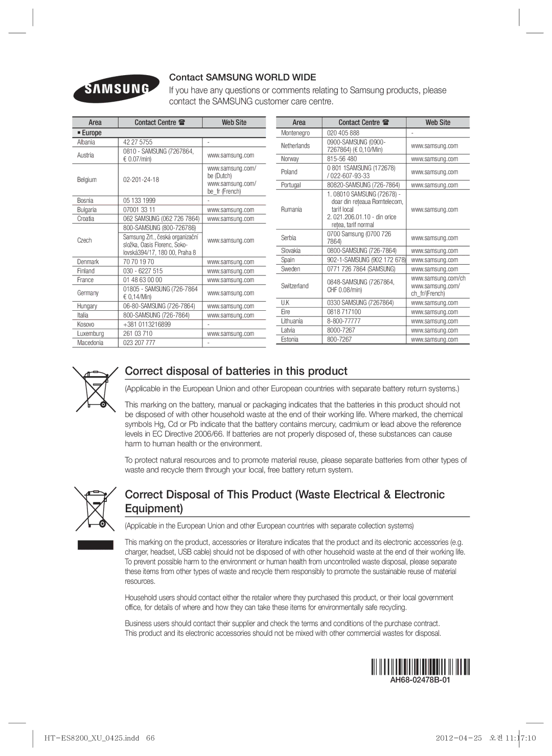 Samsung HT-ES8200/EN, HT-ES8200/XN Correct disposal of batteries in this product, Area Contact Centre  Web Site ` Europe 