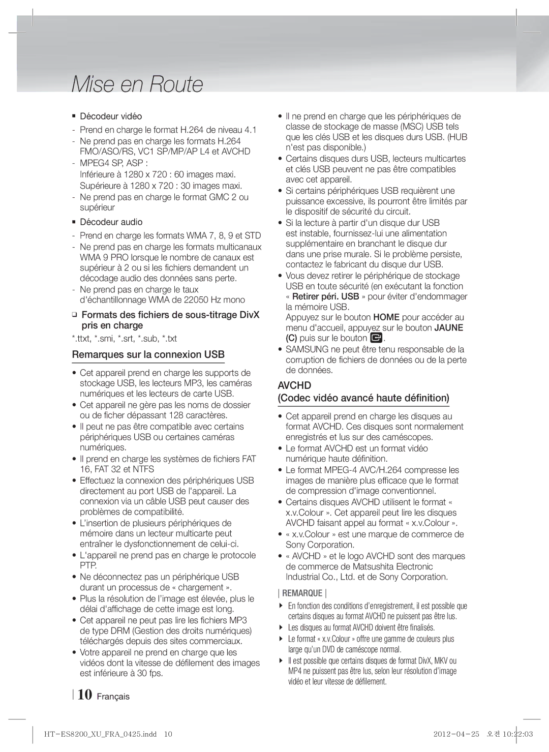 Samsung HT-ES8200/XN, HT-ES8200/ZF manual Remarques sur la connexion USB, Codec vidéo avancé haute définition, MPEG4 SP, ASP 