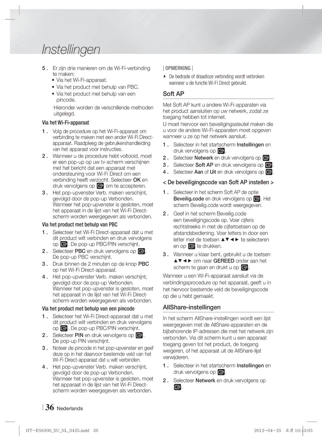 Samsung HT-ES8200/XN, HT-ES8200/ZF manual AllShare-instellingen, De beveiligingscode van Soft AP instellen 