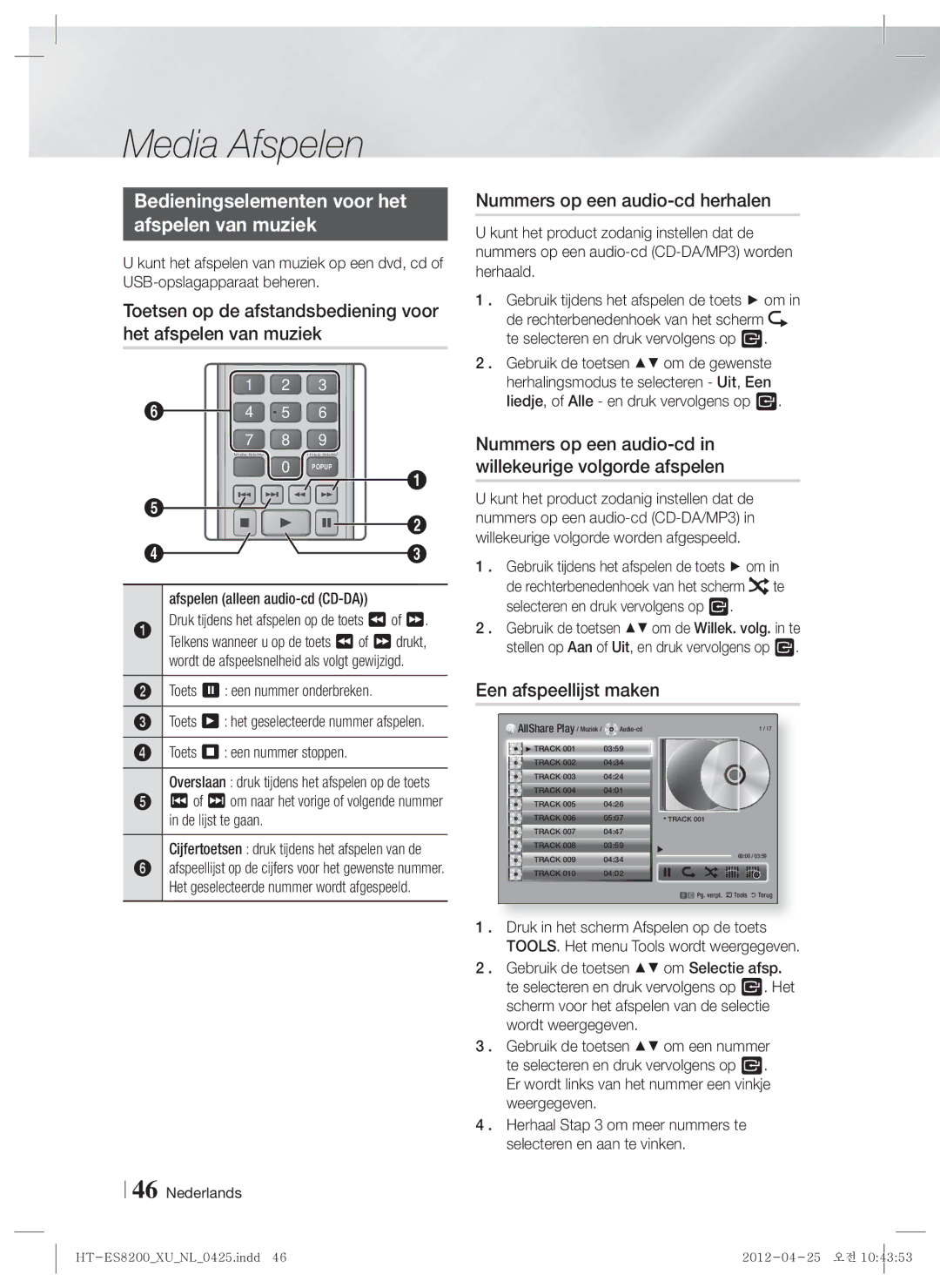 Samsung HT-ES8200/XN, HT-ES8200/ZF manual Bedieningselementen voor het Afspelen van muziek, Nummers op een audio-cd herhalen 