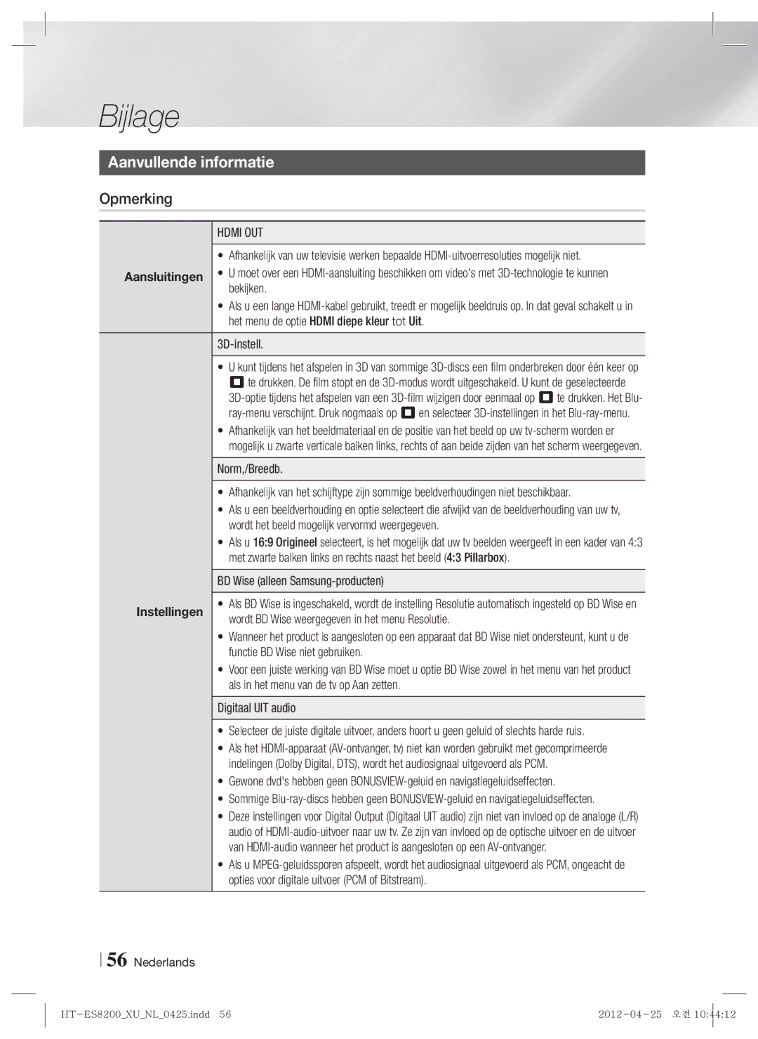 Samsung HT-ES8200/XN, HT-ES8200/ZF manual Bijlage, Aanvullende informatie, Opmerking 