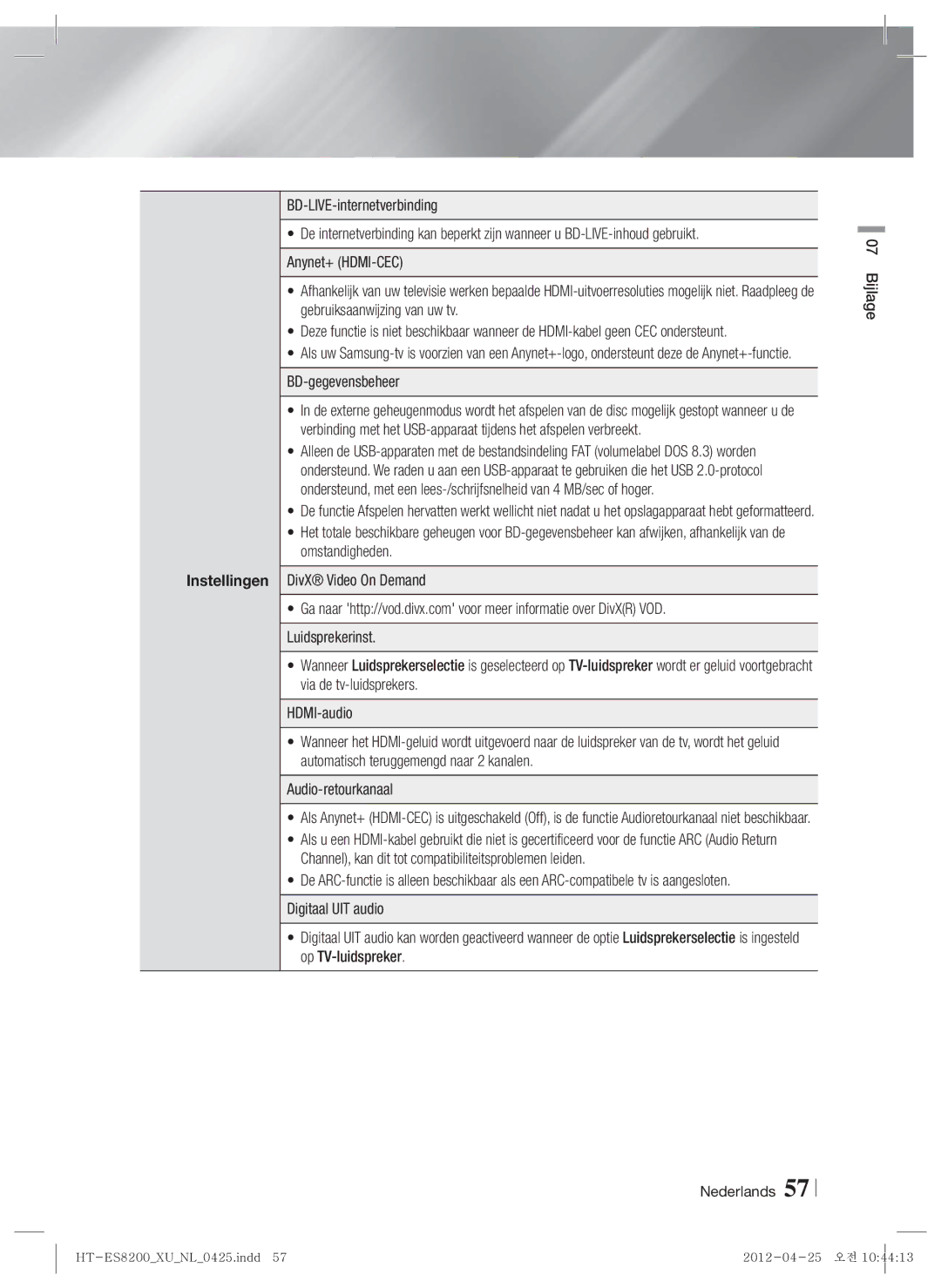 Samsung HT-ES8200/ZF, HT-ES8200/XN manual Instellingen, BD-gegevensbeheer, Bijlage Nederlands 