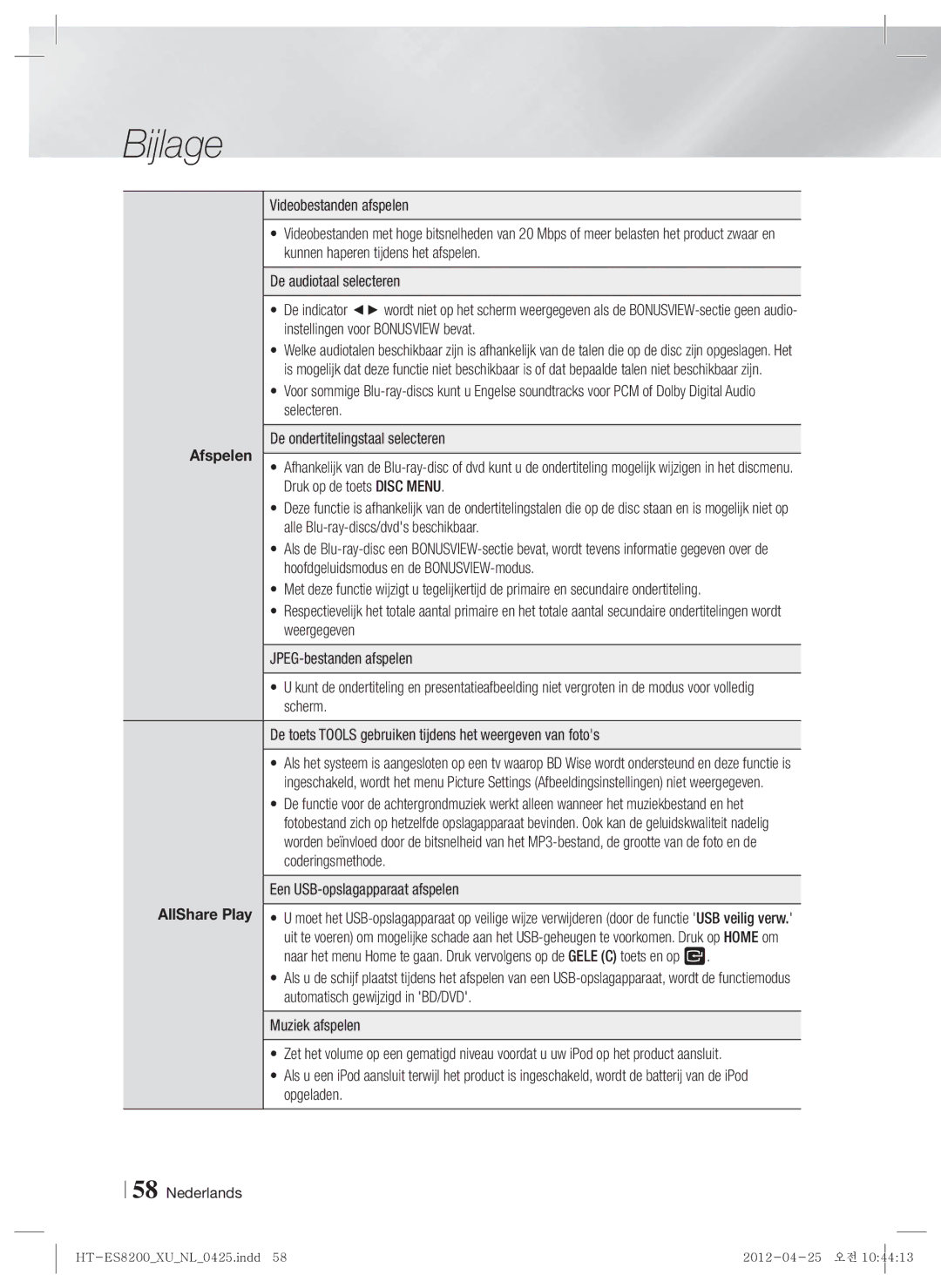 Samsung HT-ES8200/XN, HT-ES8200/ZF manual Afspelen, Een USB-opslagapparaat afspelen 