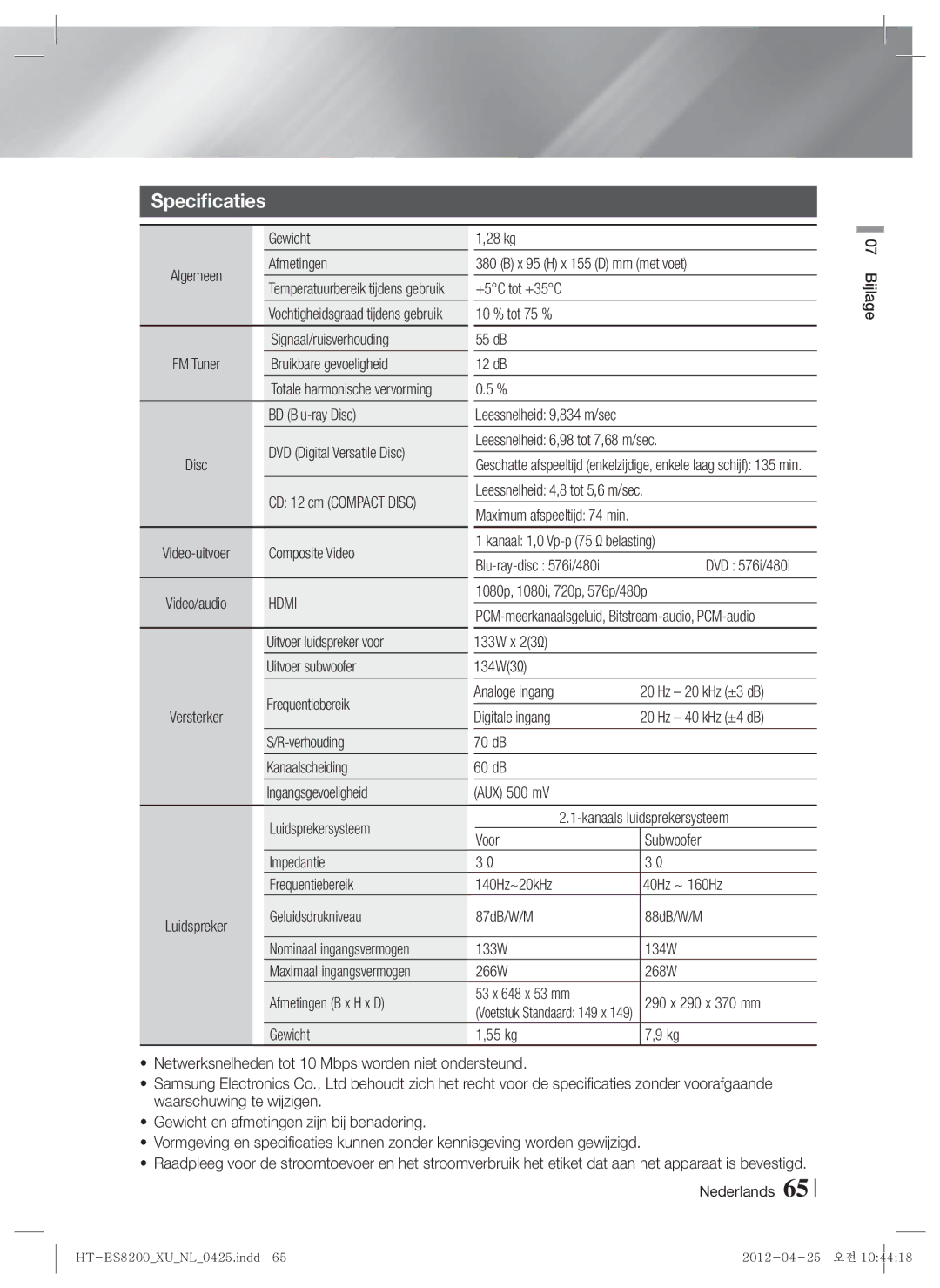 Samsung HT-ES8200/ZF, HT-ES8200/XN manual Specificaties 