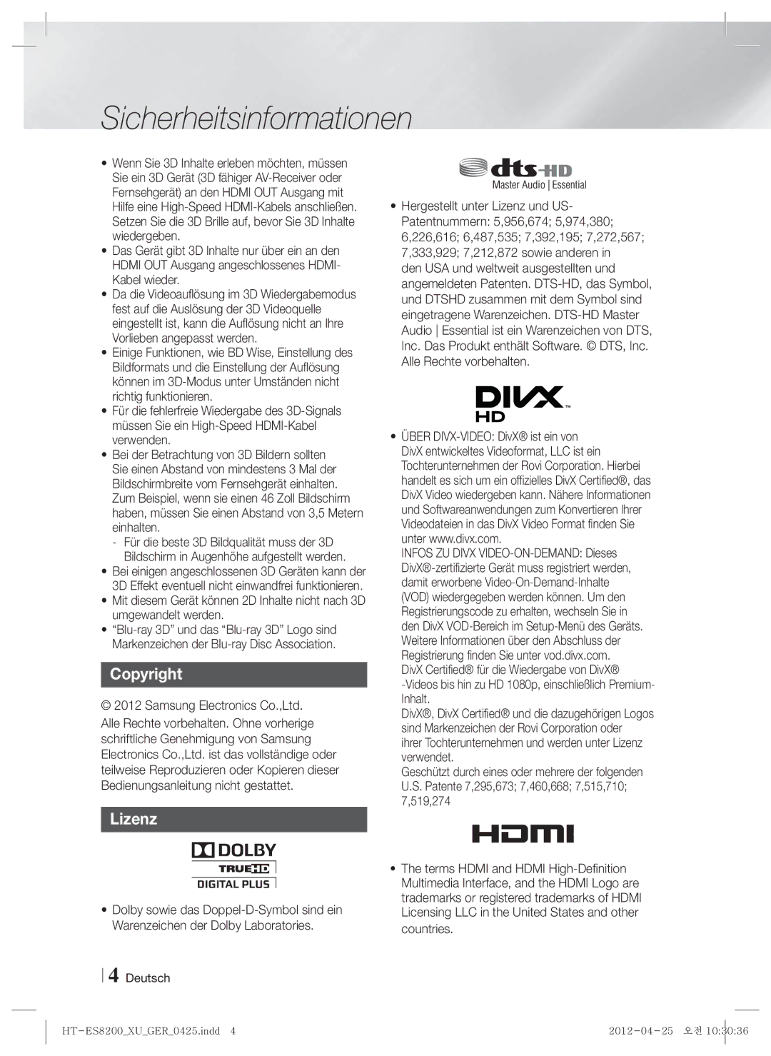 Samsung HT-ES8200/XN, HT-ES8200/ZF manual Copyright Lizenz 