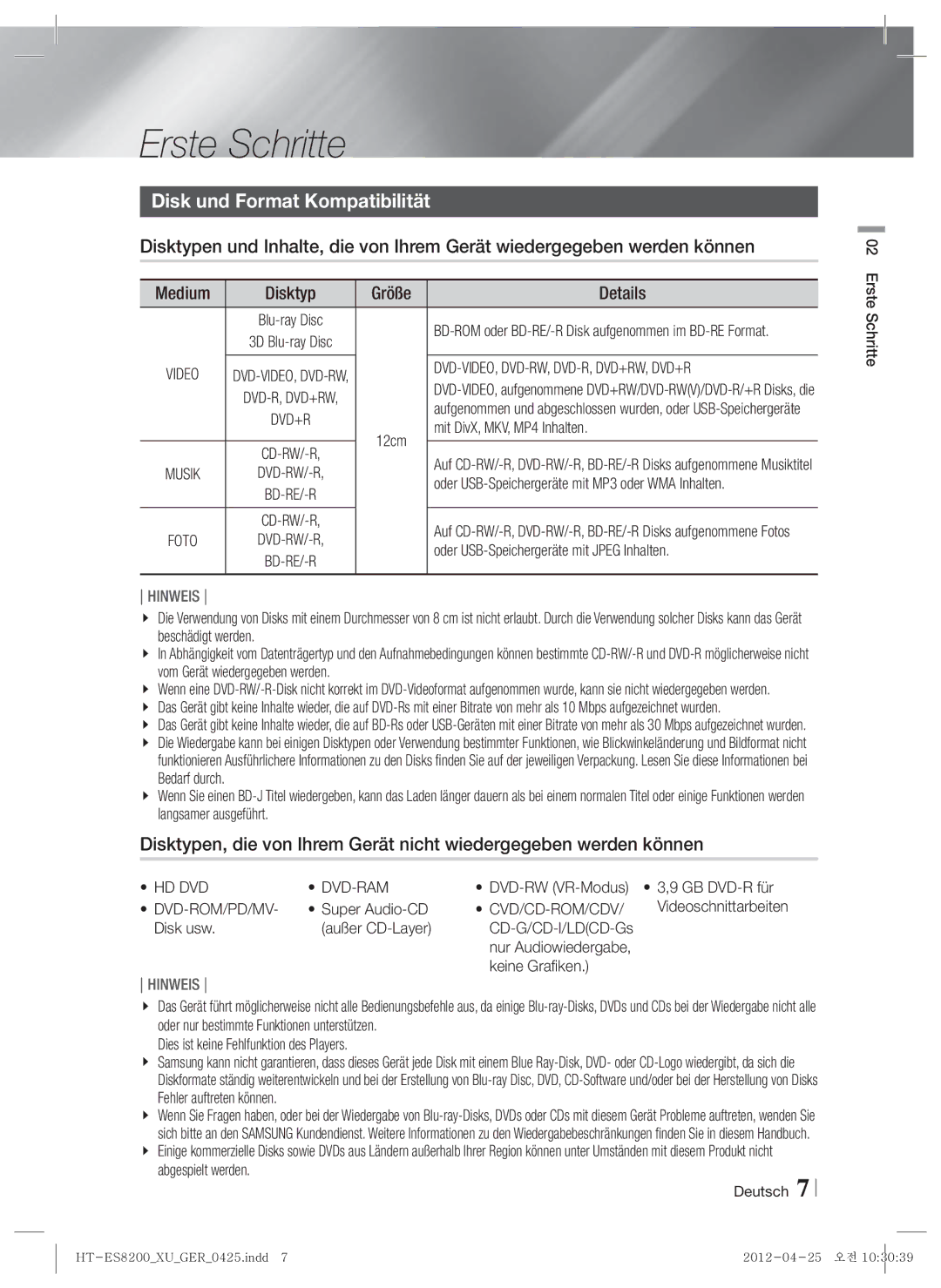 Samsung HT-ES8200/ZF manual Erste Schritte, Disk und Format Kompatibilität, Medium Disktyp Größe Details, Dvd-Rom/Pd/Mv 