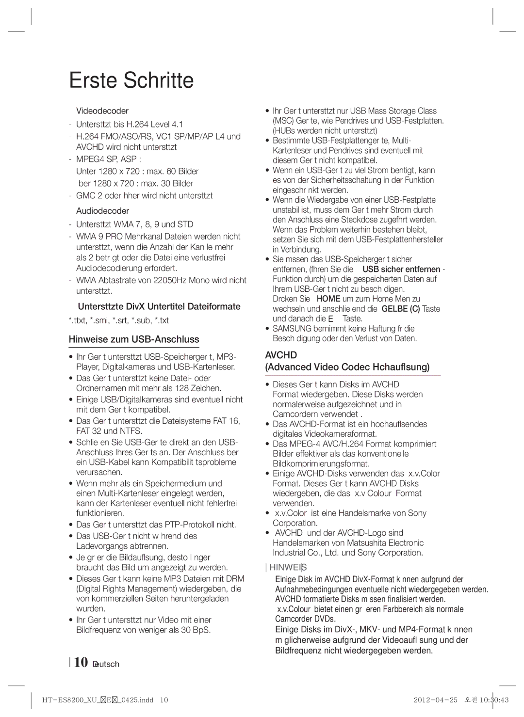 Samsung HT-ES8200/XN, HT-ES8200/ZF manual Hinweise zum USB-Anschluss, Advanced Video Codec Höchauflösung 