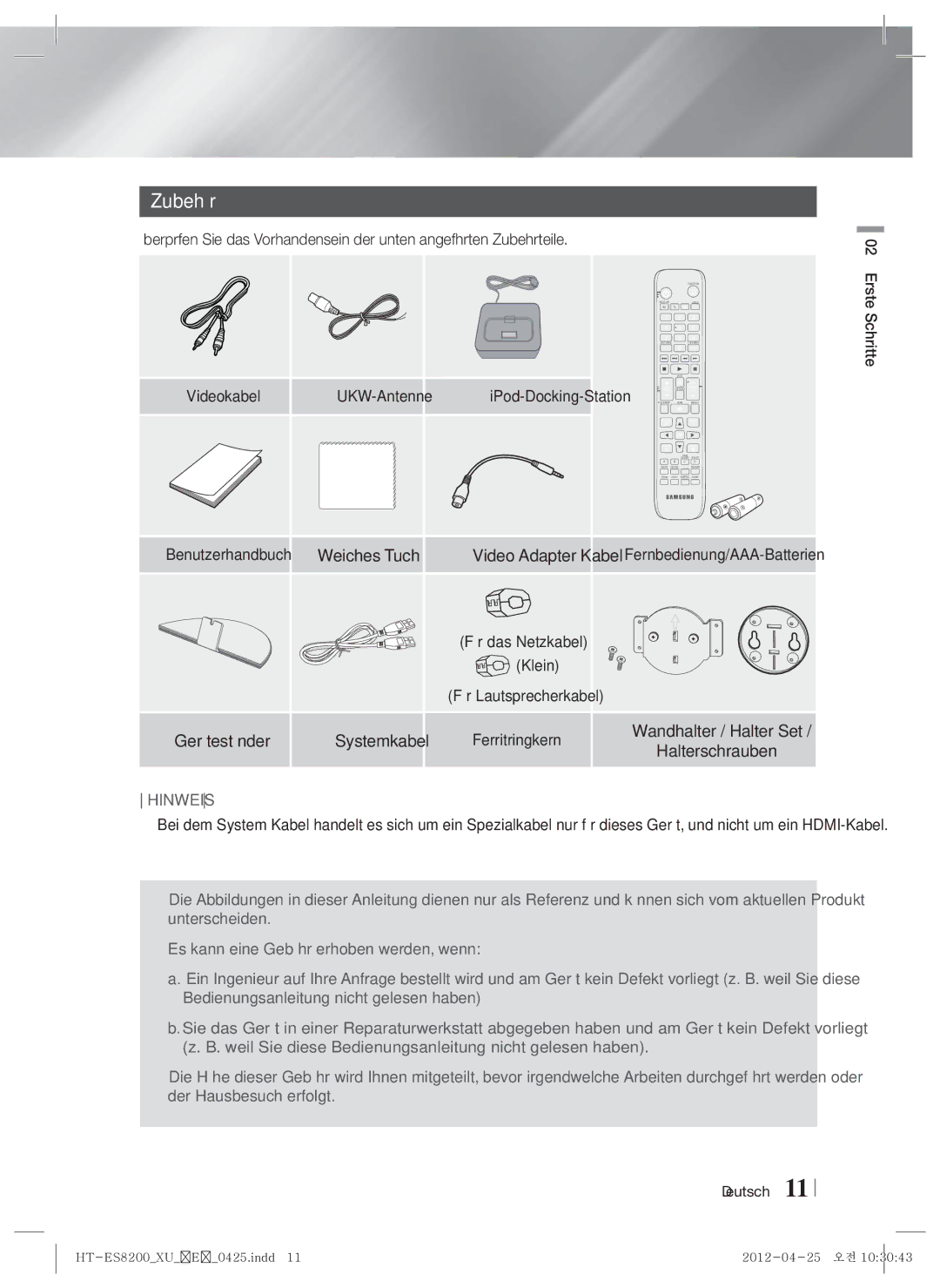 Samsung HT-ES8200/ZF, HT-ES8200/XN manual Zubehör, Videokabel UKW-Antenne IPod-Docking-Station 