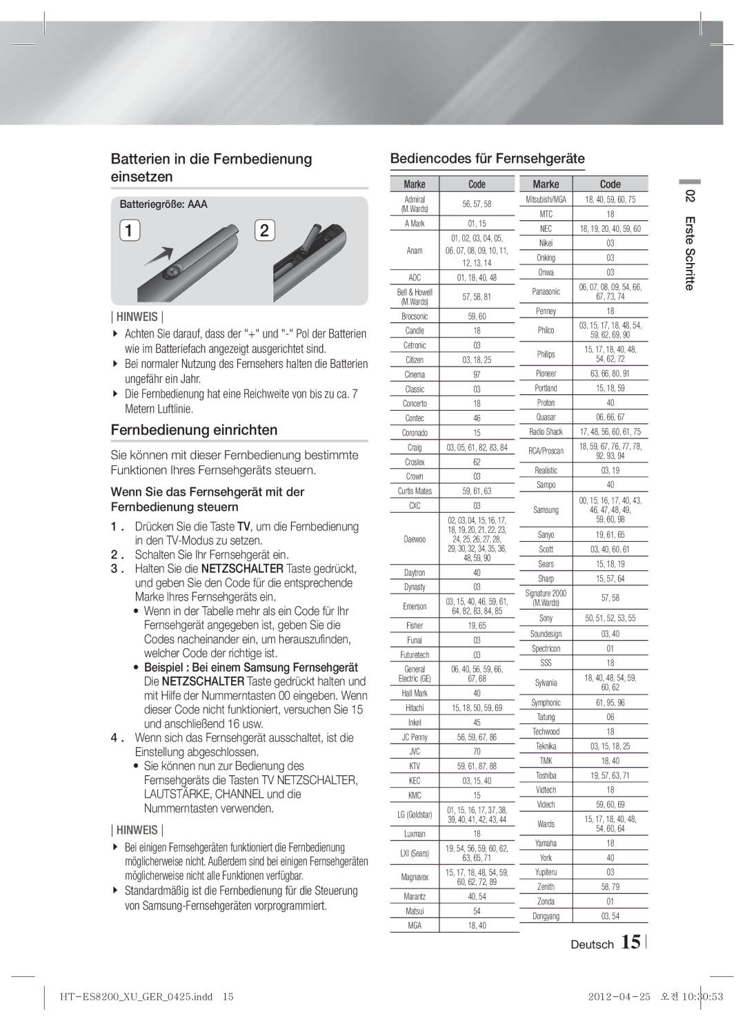 Samsung HT-ES8200/ZF Batterien in die Fernbedienung einsetzen, Fernbedienung einrichten, Bediencodes für Fernsehgeräte 